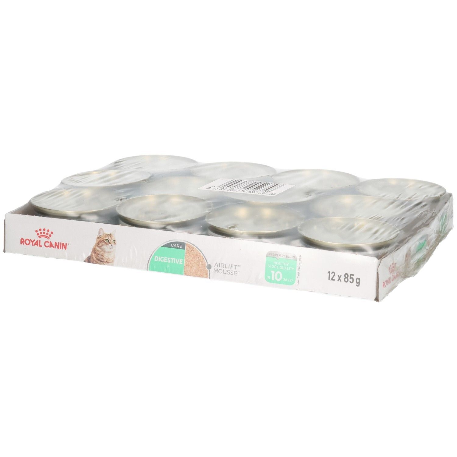 Mousse Royal Canin Digestive Care, douze boîtes de 85g en carton.