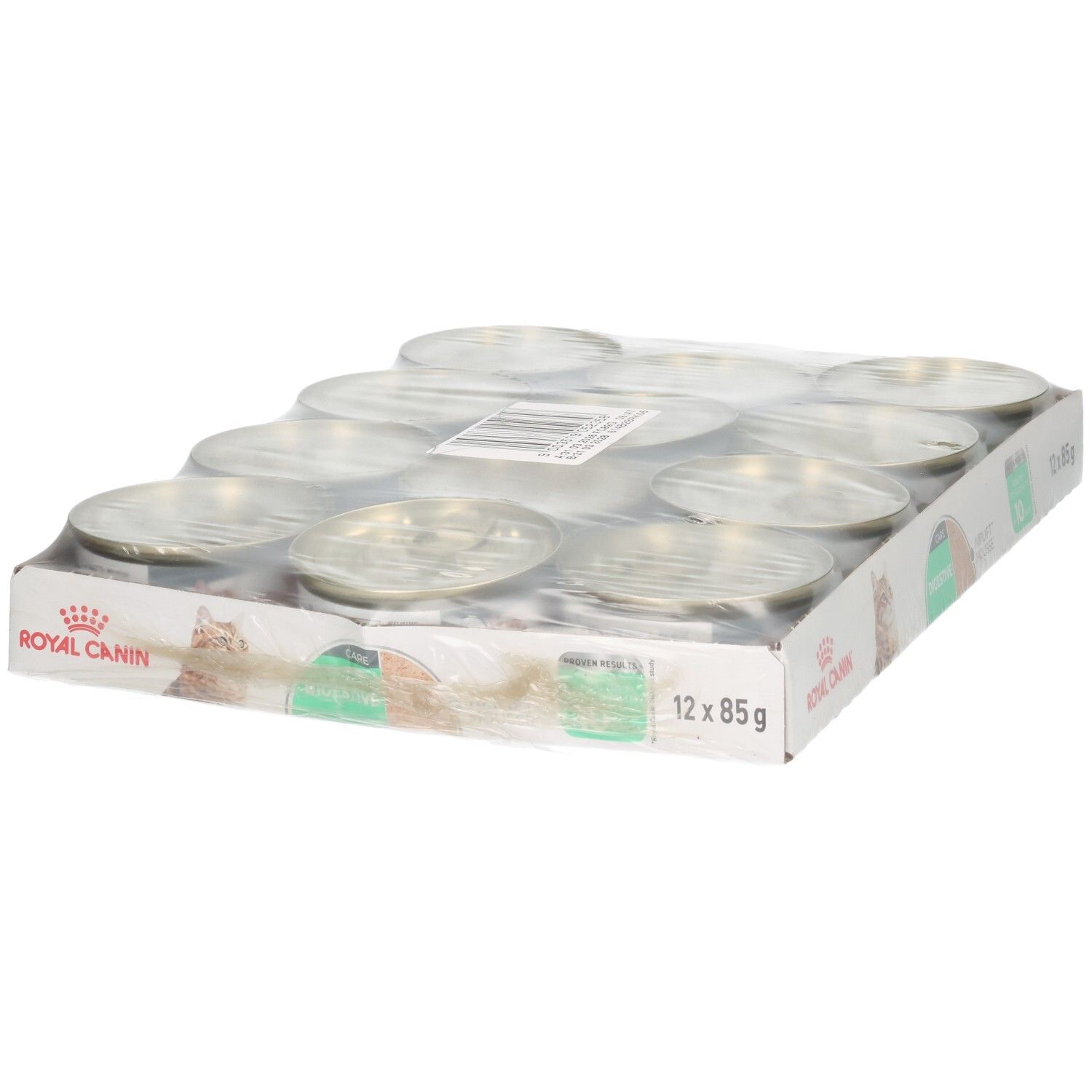 Emballage de douze boîtes de mousse Royal Canin Digestive Care.