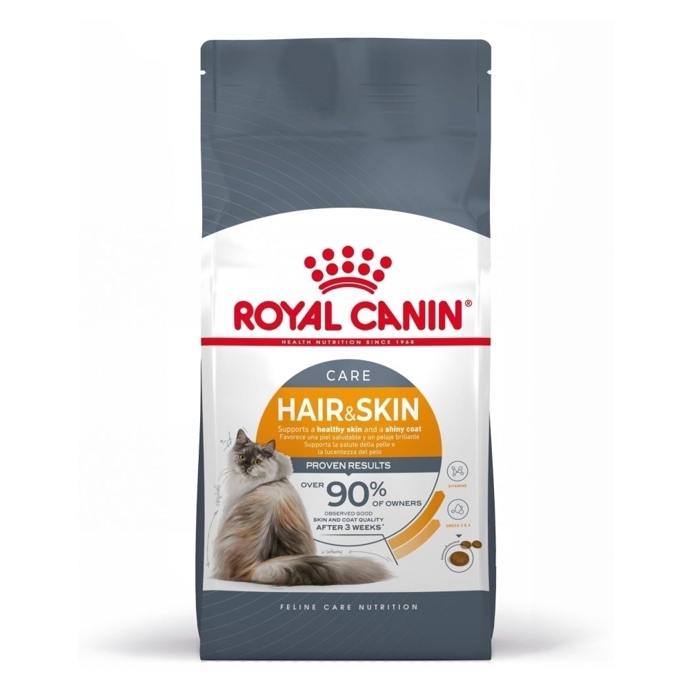 Royal Canin Hair & Skin kattenvoerzak met afbeelding van een kat en tekst over vacht- en huidverzorging.