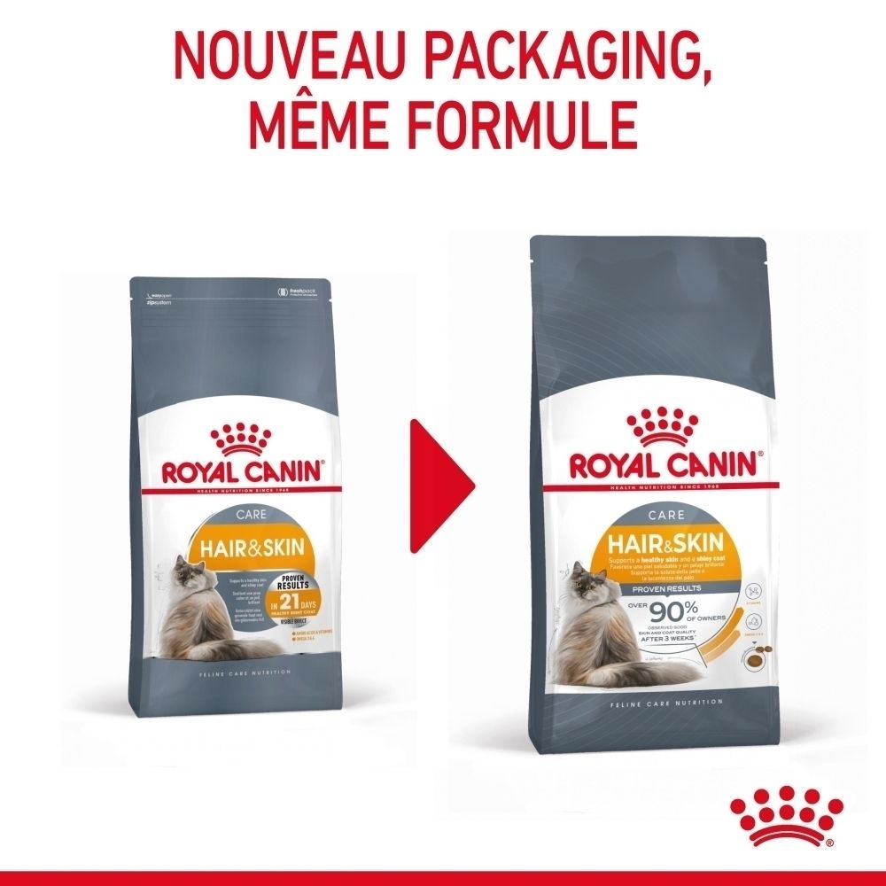 Twee Royal Canin Hair & Skin kattenvoer verpakkingen, één met "21" en één met "90%" aanduiding.