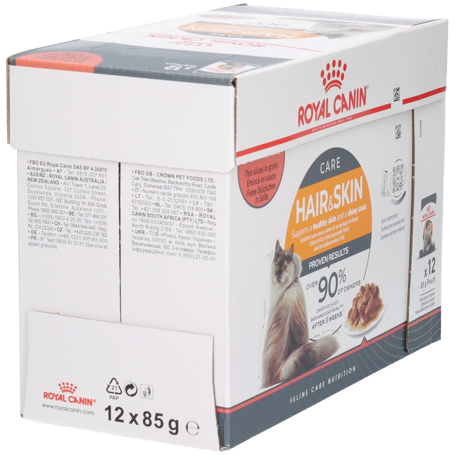 Arrière de la boîte Royal Canin Hair & Skin pour chats, avec informations nutritionnelles.