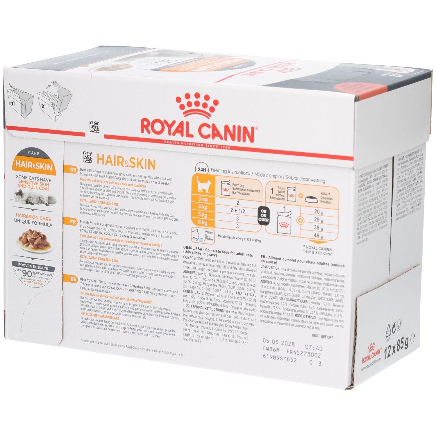 Vue latérale de la boîte Royal Canin Hair & Skin pour chats, avec instructions d'alimentation.