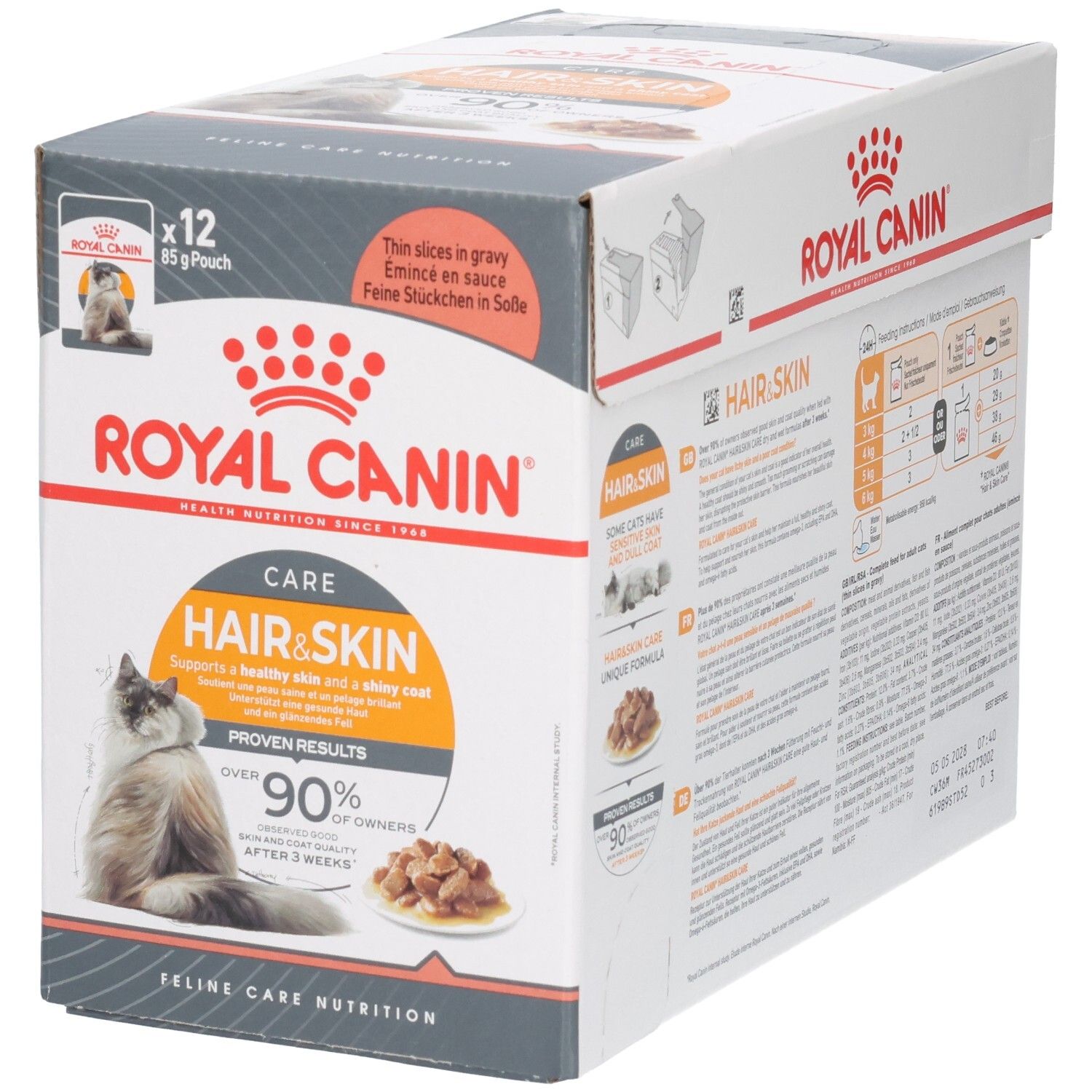Avant de la boîte Royal Canin Hair & Skin pour chats, avec image de chat et caractéristiques du produit.