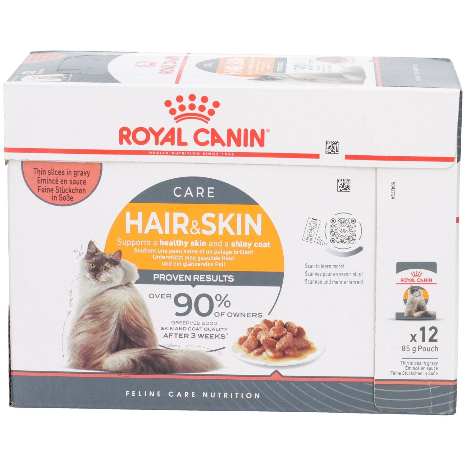 Boîte Royal Canin Hair & Skin pour chats, vue de face axée sur les avantages du produit.