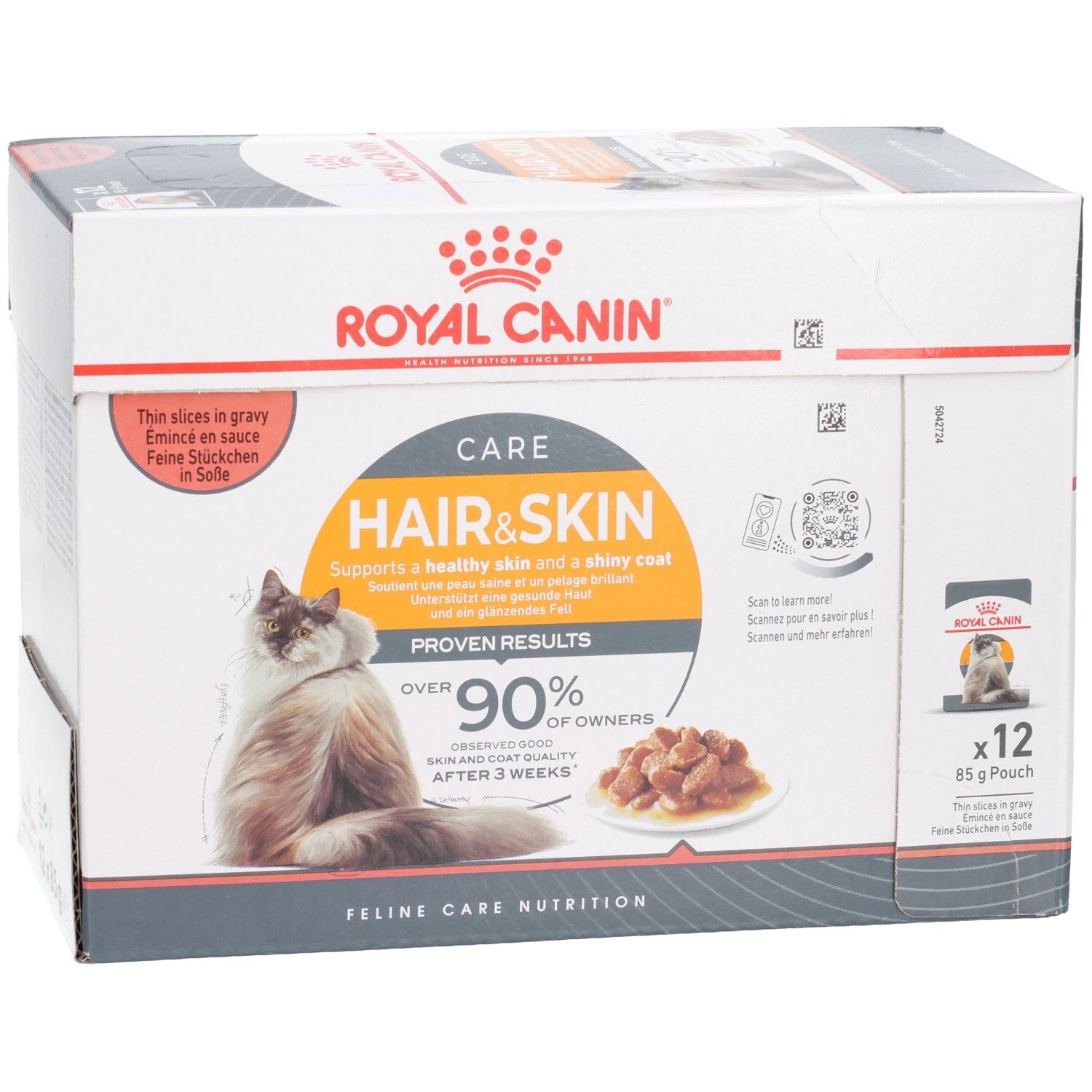 Vue détaillée de la boîte Royal Canin Hair & Skin pour chats, face avant.