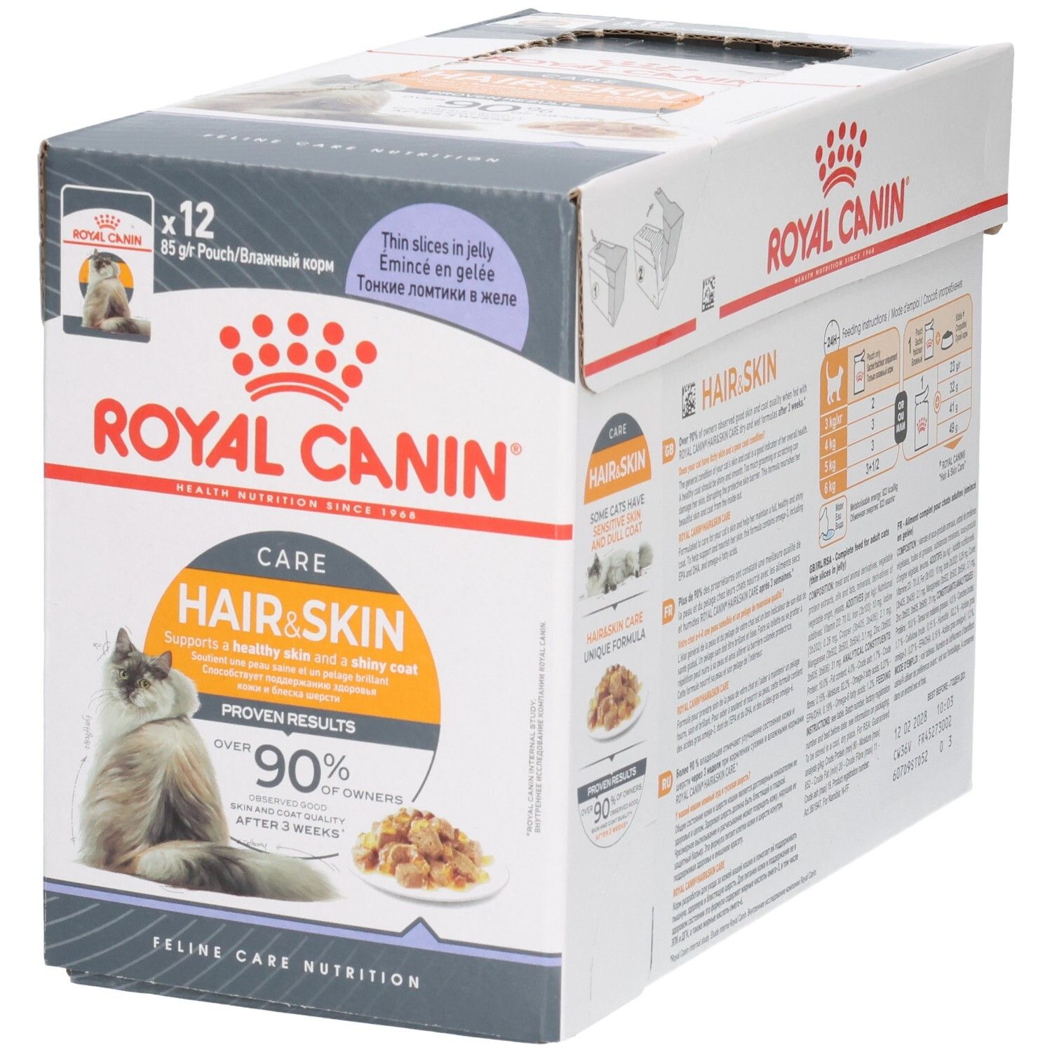 Face avant de la boîte de nourriture Royal Canin Hair & Skin pour chats, 12 sachets de 85g. Montre un chat et une gamelle de nourriture.