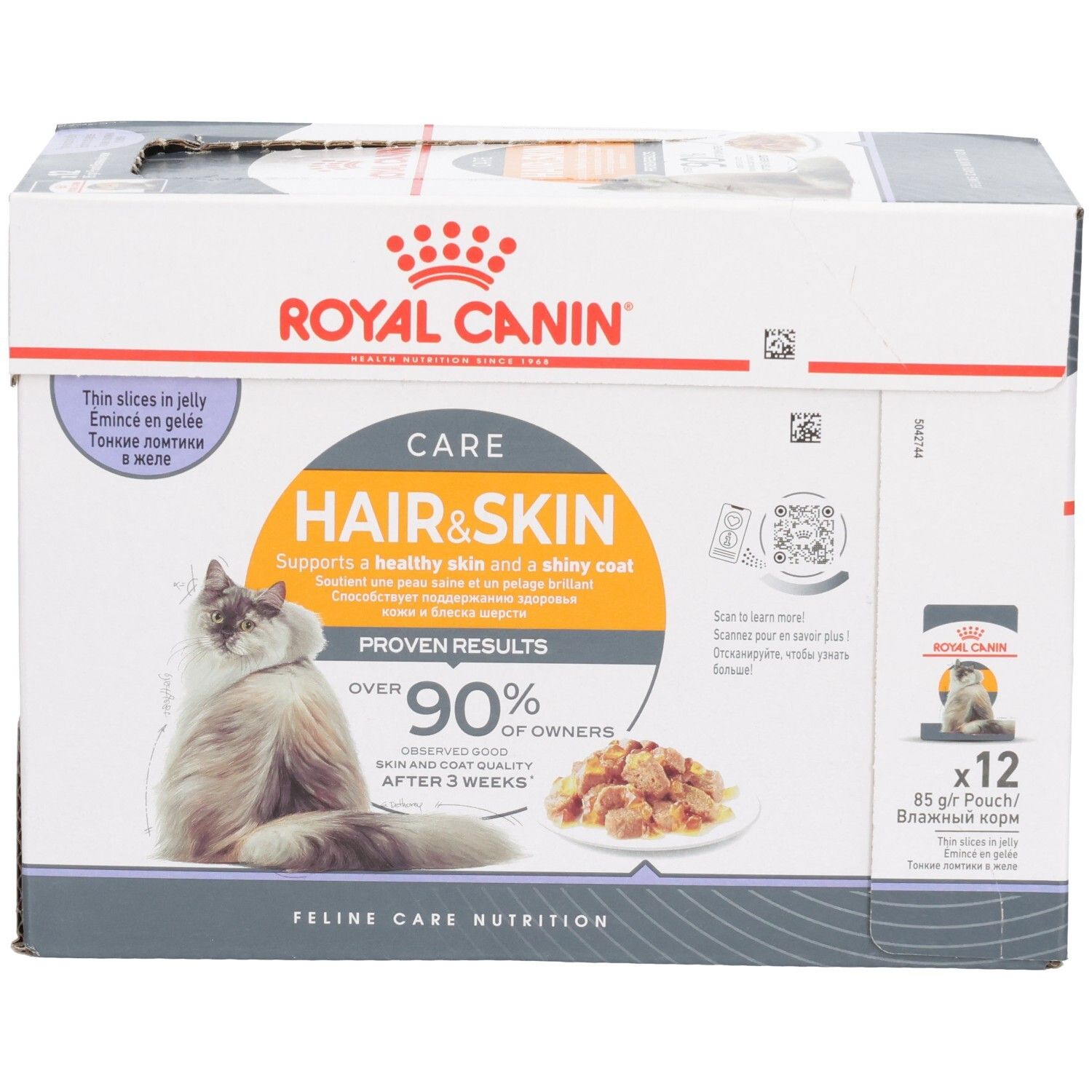 Boîte de nourriture Royal Canin Hair & Skin pour chats, 12 sachets de 85g. Montre un chat, une gamelle de nourriture et les avantages du produit.