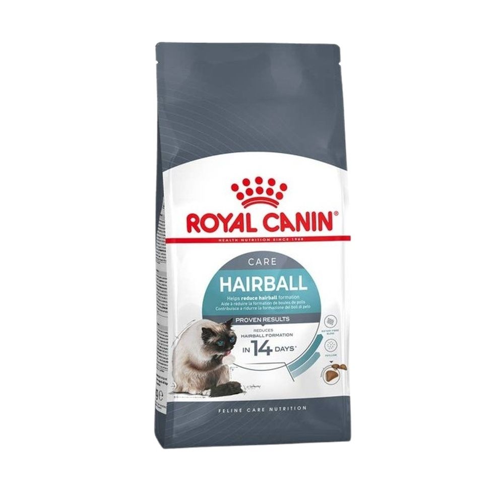 Royal Canin Hairball kattenvoer, 10kg zak met productinformatie en kattenafbeelding.