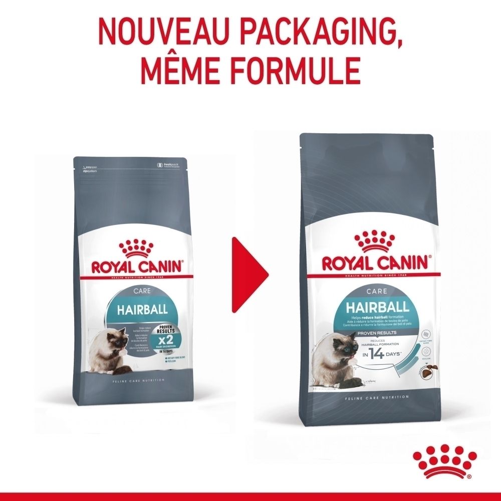 Twee verpakkingen Royal Canin Hairball Care kattenvoer vergeleken. Nieuwe verpakking links, oude rechts.