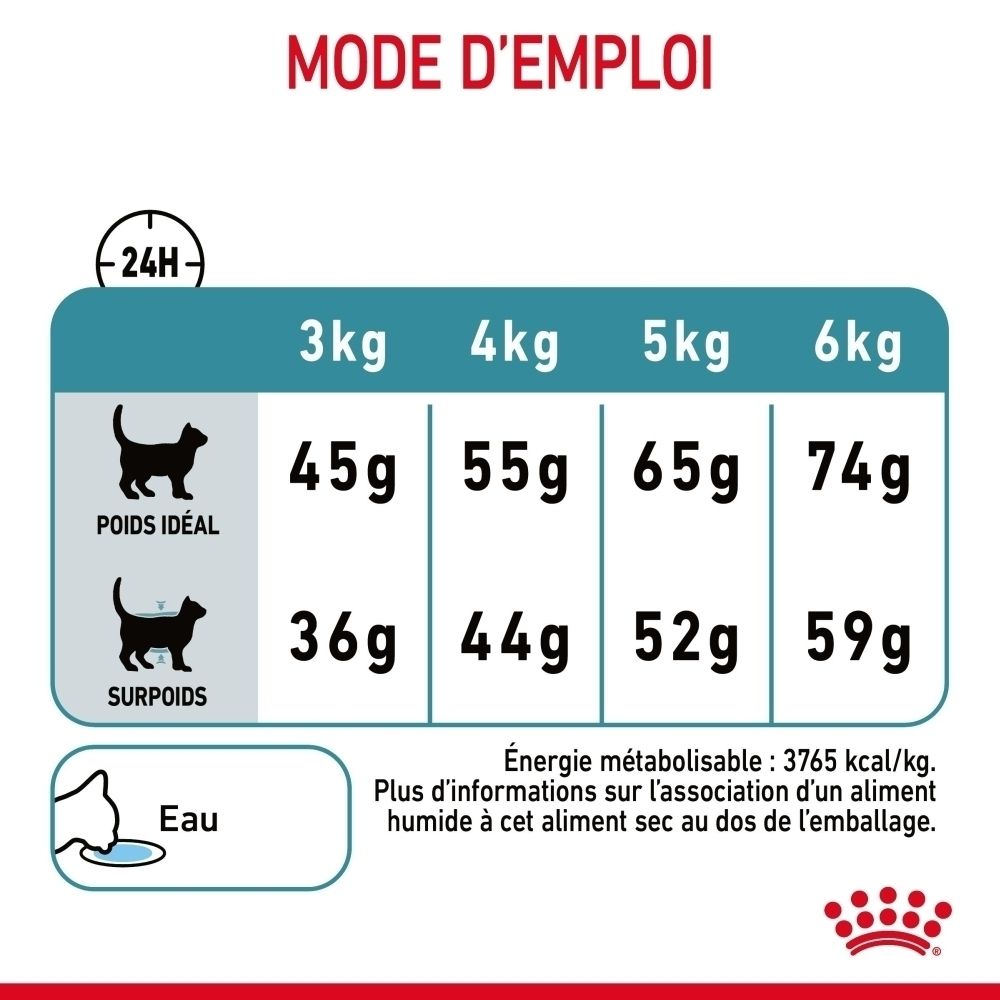 Voedingstabel voor katten: gewicht (3-6kg), ideale en overgewicht voerhoeveelheden in gram, waterindicatie.