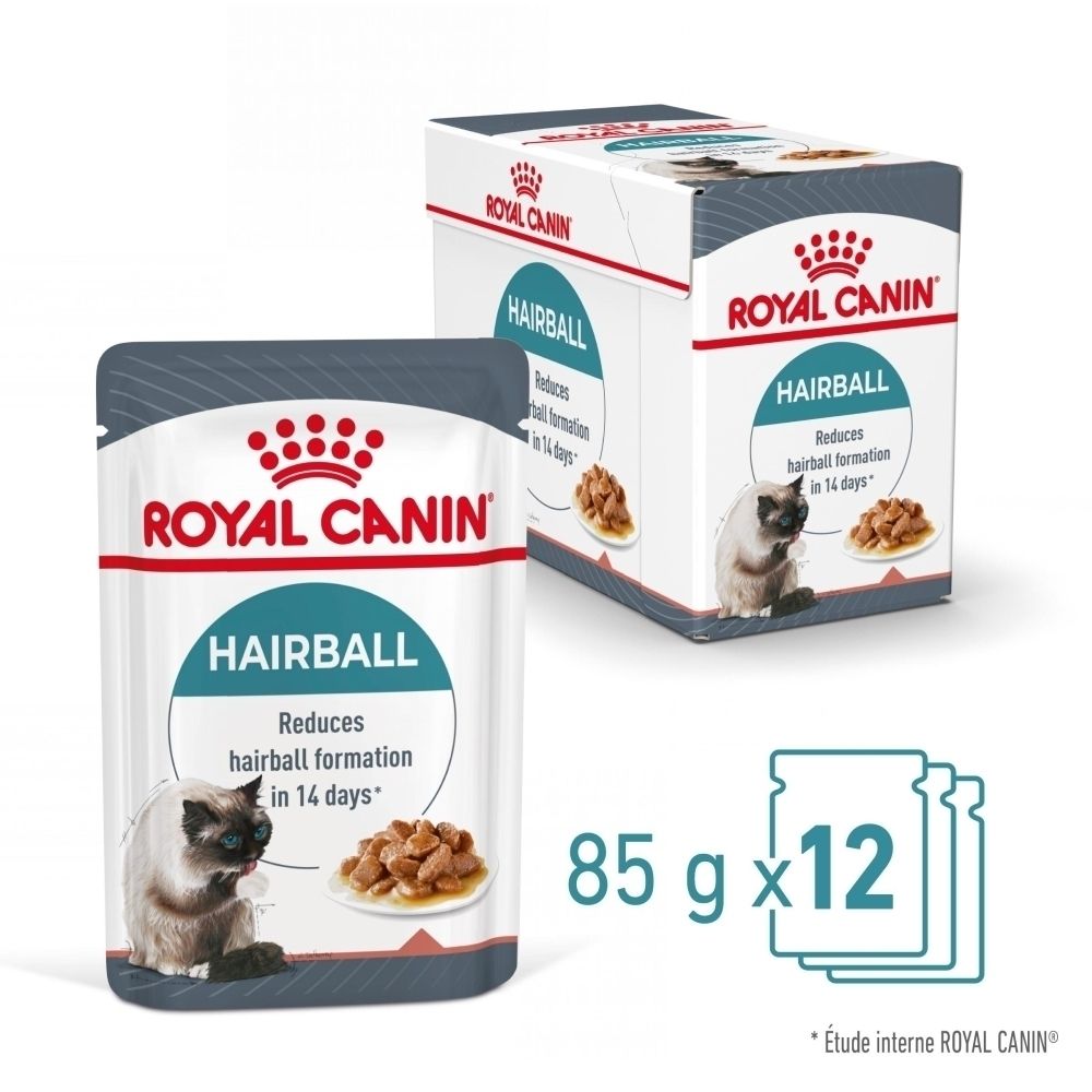 Nourriture Royal Canin Hairball pour chat en sachet et boîte. 12 sachets de 85g.