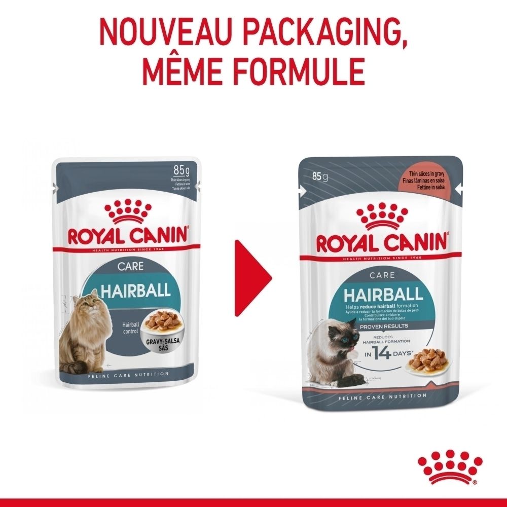 Deux sachets Royal Canin Hairball Care côte à côte, montrant un changement d'emballage. Les deux sont de 85g.