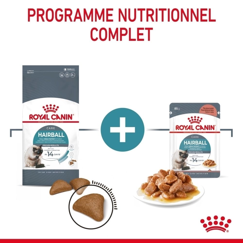 Programme Royal Canin Hairball Care : croquettes et nourriture humide pour chats.
