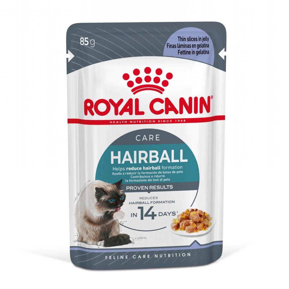 Royal Canin Hairball Care pouch, 85g. Dunne plakjes in gelei. Vermindert haarbalvorming.