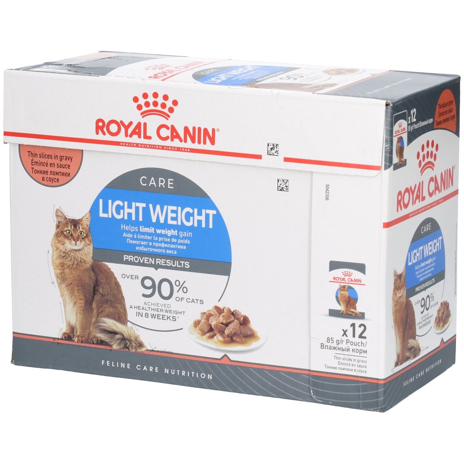 Royal Canin Light Weight Care Multipack: Doos met 12 zakjes van 85g kattenvoer in saus.
