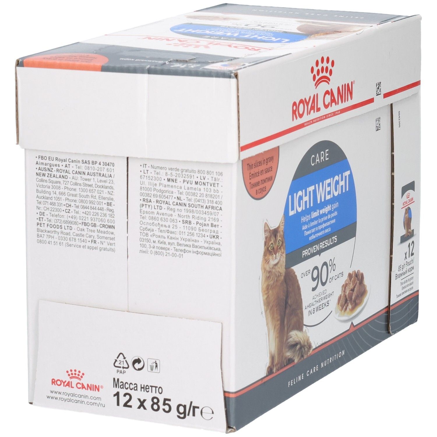 Achterkant van de Royal Canin Light Weight Care Multipack met voedingsinstructies en ingrediënten.