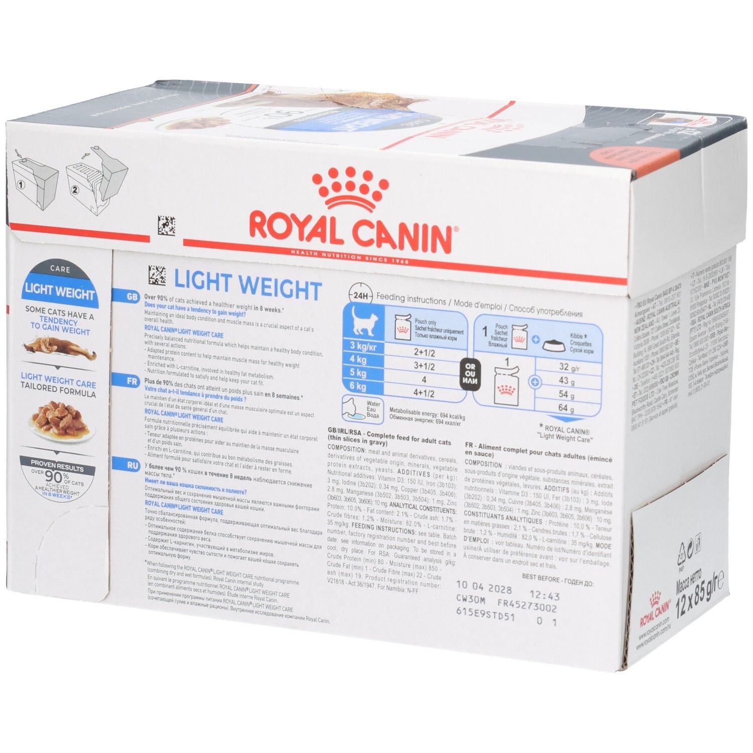 Zijkant van de Royal Canin Light Weight Care Multipack met voedingstabel en productinformatie.