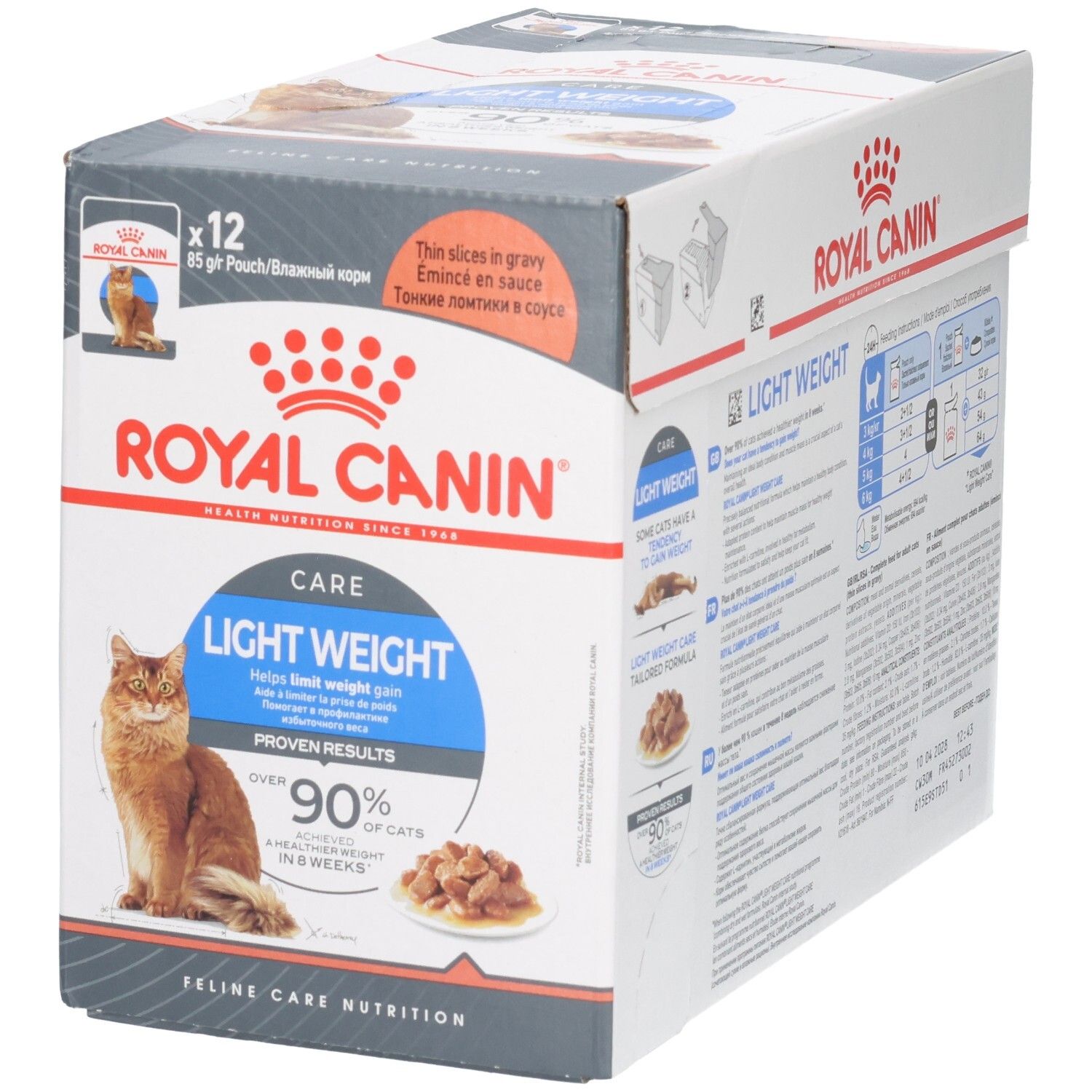 Voorkant van de Royal Canin Light Weight Care Multipack met kat en voerportie.