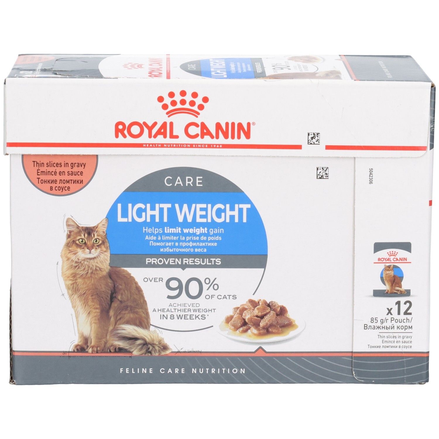 Royal Canin Light Weight Care Multipack: Doos met 12 zakjes van 85g kattenvoer in saus.