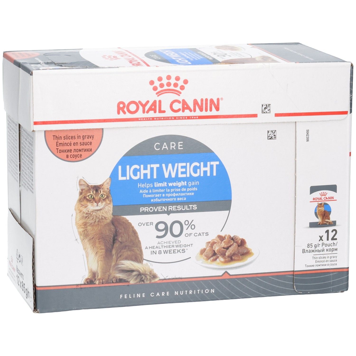 Royal Canin Light Weight Care Multipack: Doos met 12 zakjes van 85g kattenvoer in saus.