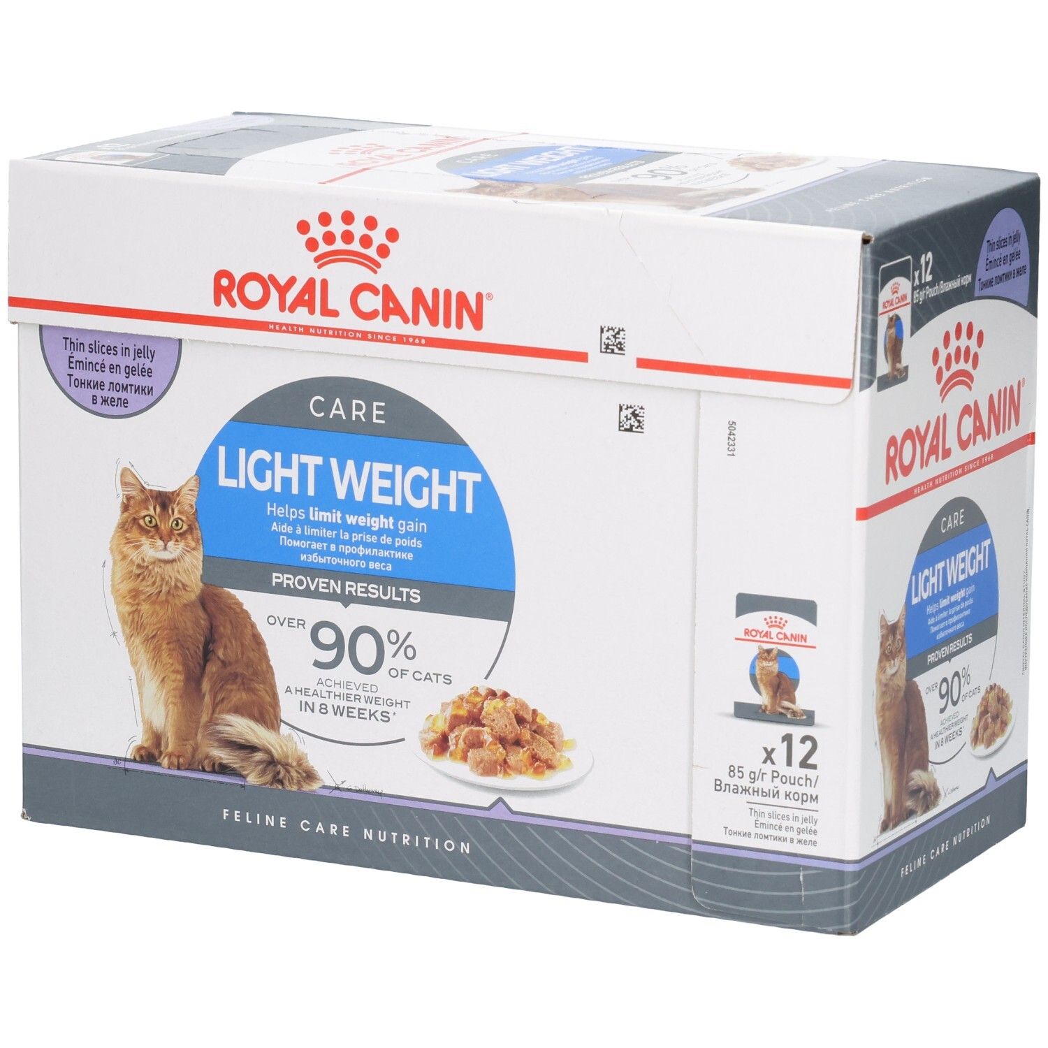 Royal Canin Feline Light Weight Care Multipack: Doos met 12 zakjes kattenvoer in gelei.