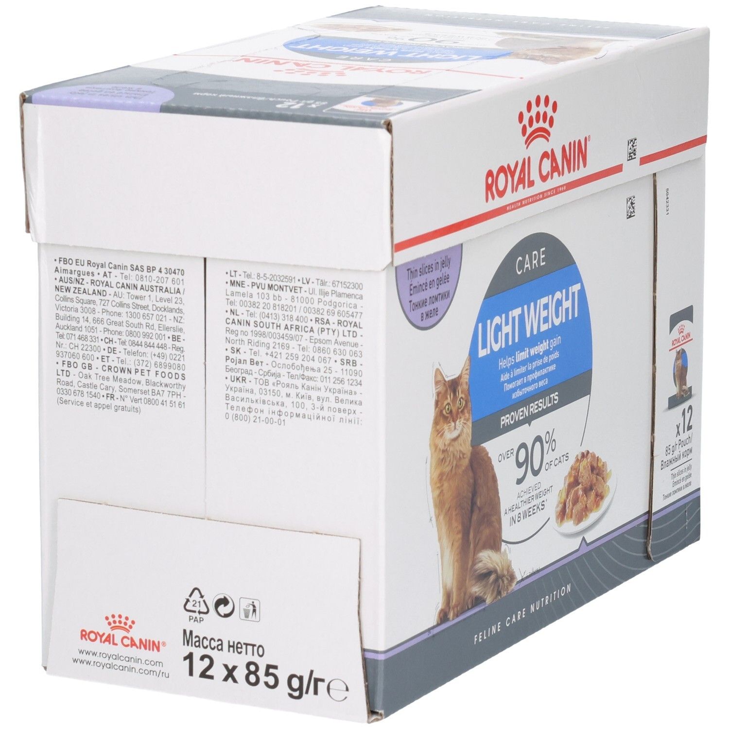 Achterkant van de Royal Canin Feline Light Weight Care Multipack met productinformatie en adressen.