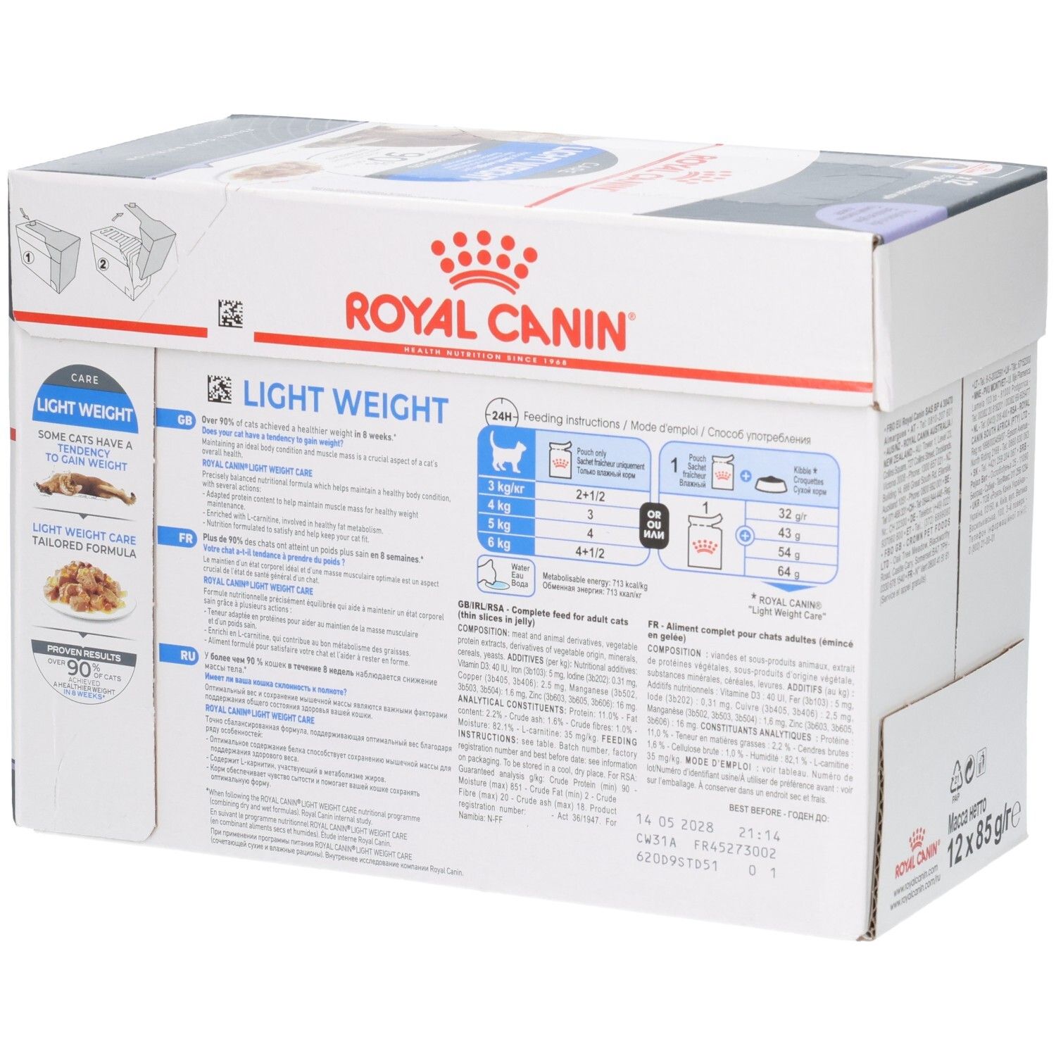 Zijkant van de Royal Canin Feline Light Weight Care Multipack met voerinstructies en ingrediënten.