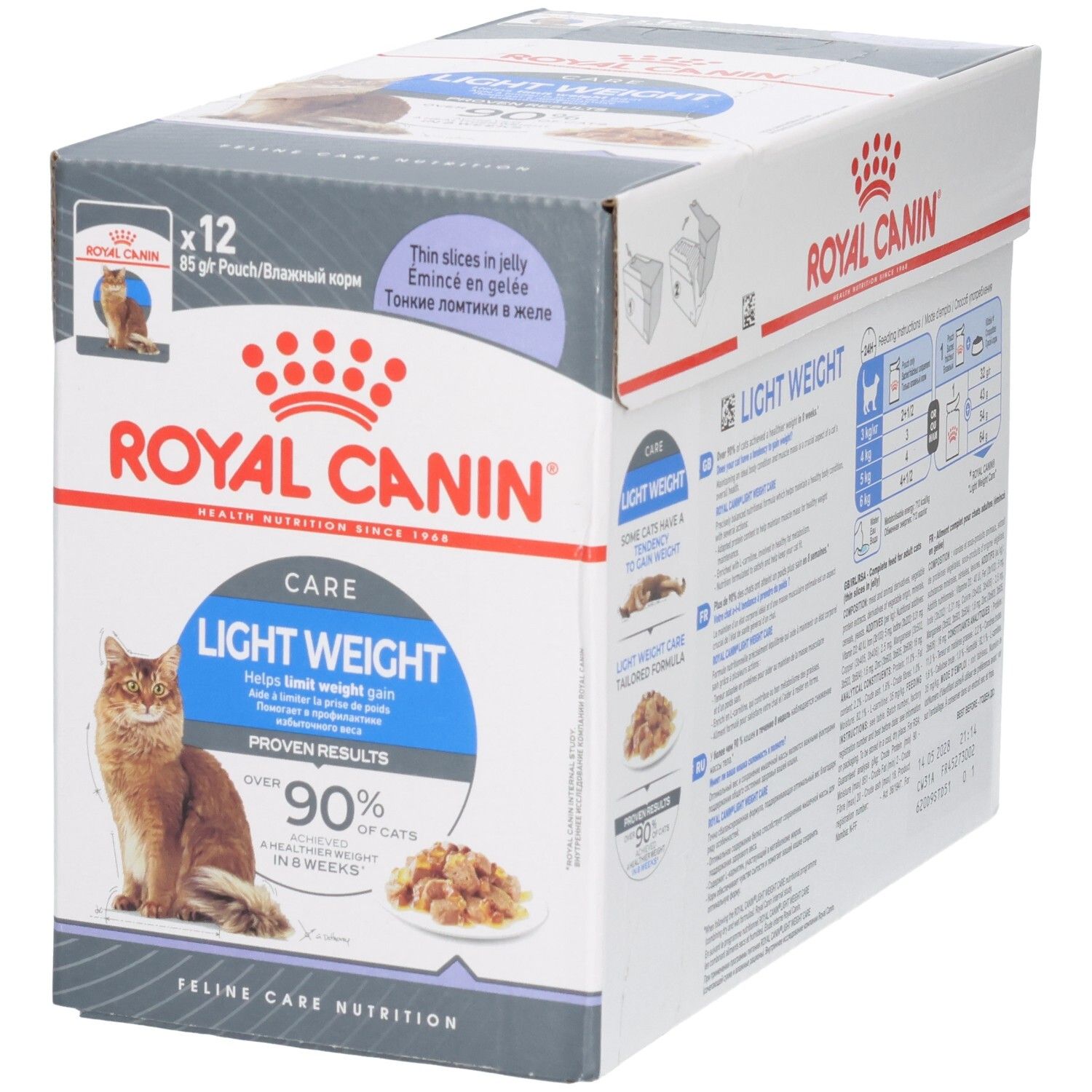 Voorkant van de Royal Canin Feline Light Weight Care Multipack met kat en voerafbeelding.