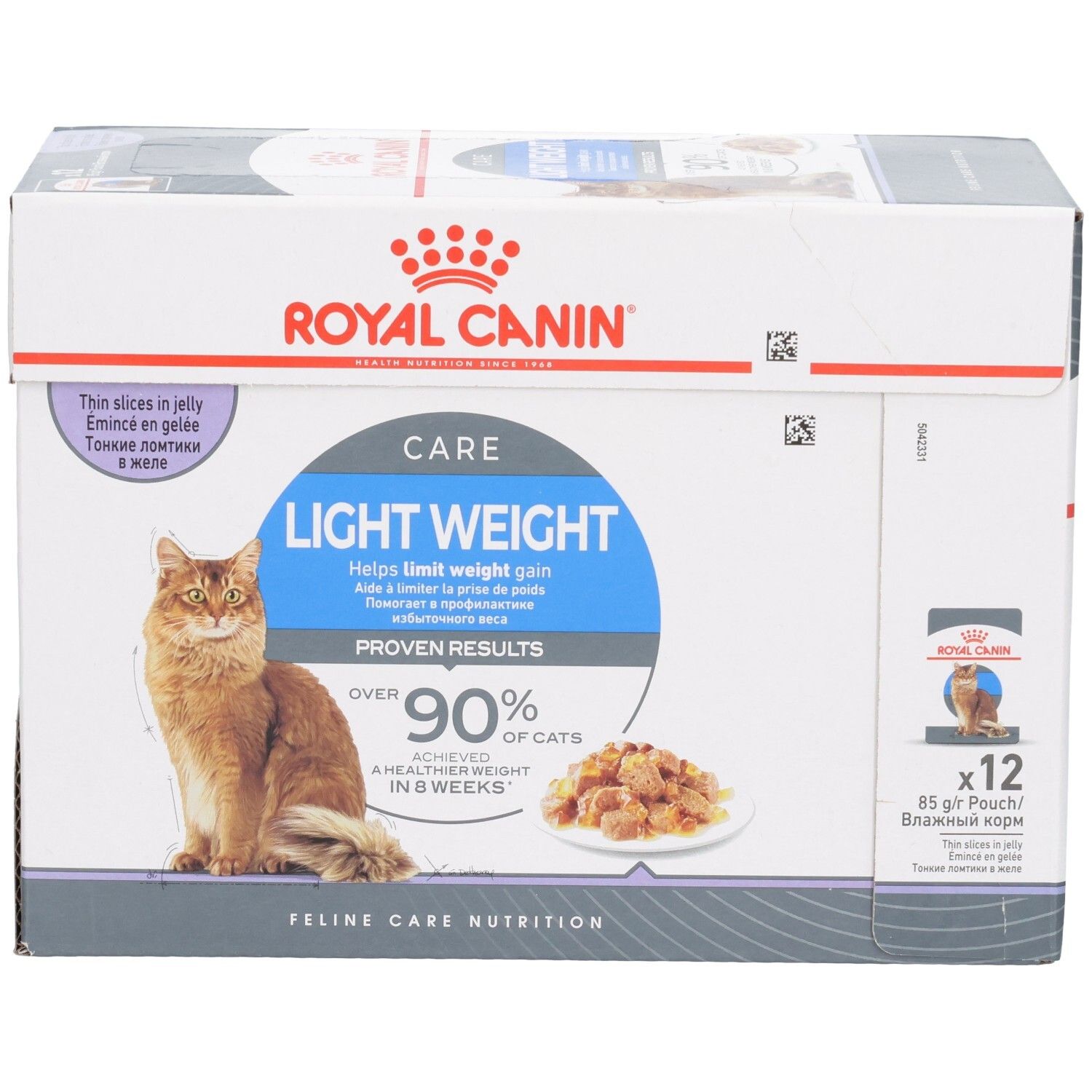 Royal Canin Feline Light Weight Care Multipack: Doos met 12 zakjes kattenvoer in gelei.