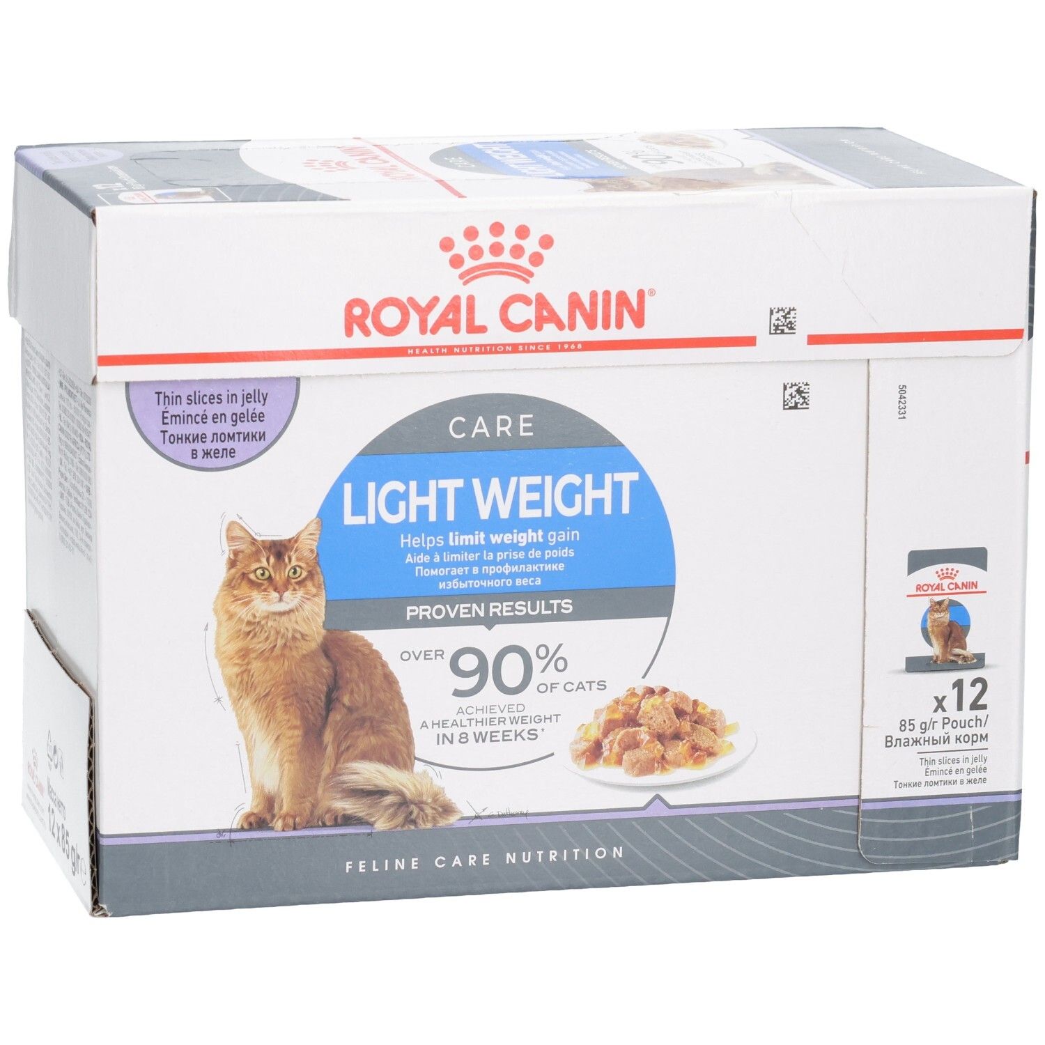 Royal Canin Feline Light Weight Care Multipack: Doos met 12 zakjes kattenvoer in gelei.