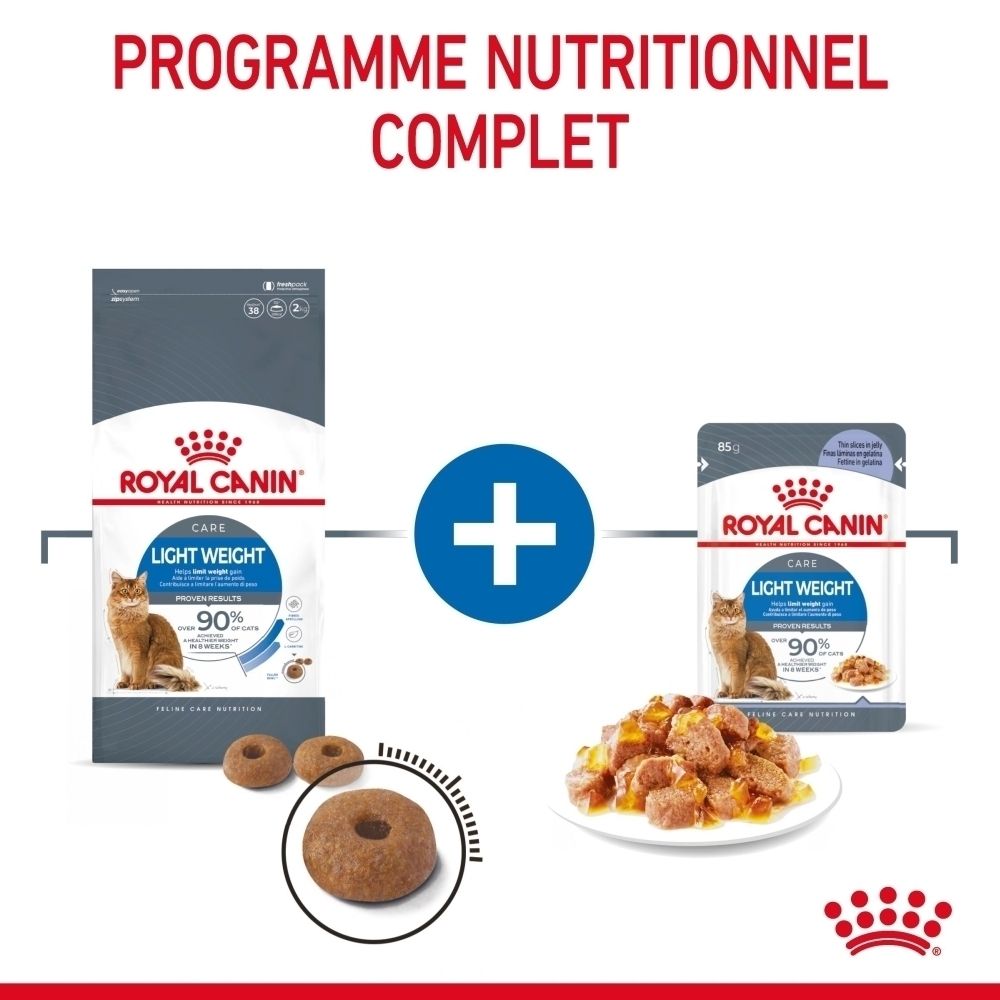 Royal Canin Light Weight kattenvoer: zak droogvoer, zakje natvoer en brokjes.