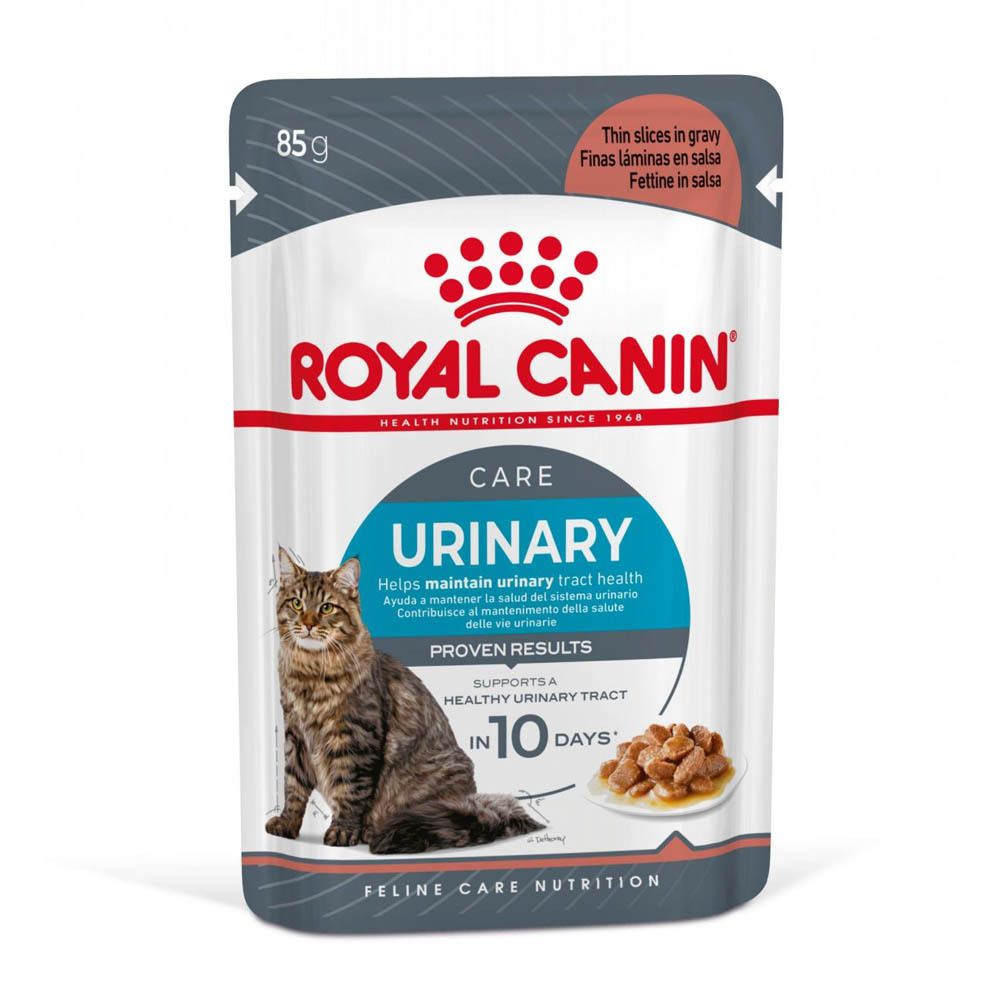Royal Canin Urinary Care kattenvoer zakje (85g). Toont kat en voer. Ondersteunt de urinewegen.