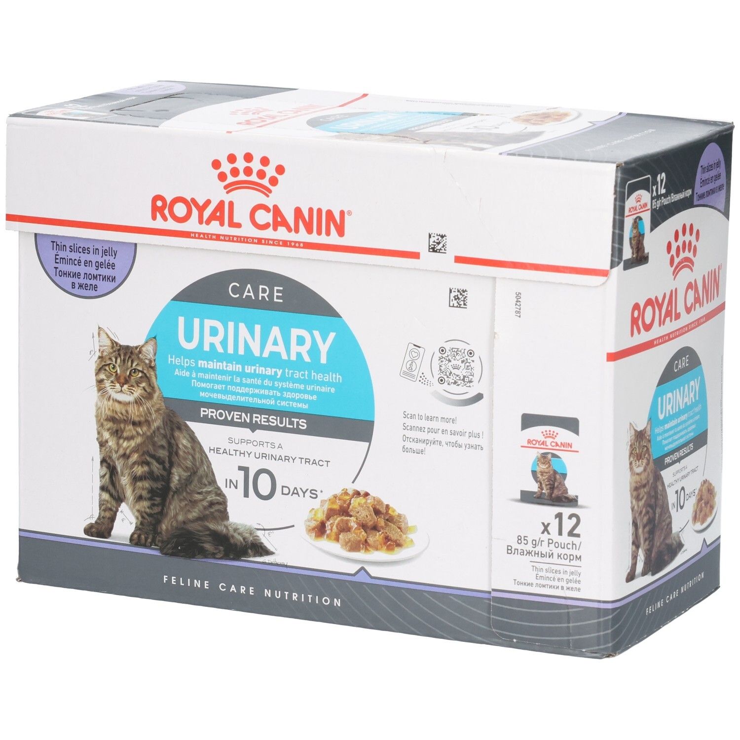 Boîte de nourriture Royal Canin Urinary Care pour chats, 12 sachets de 85g, avec un chat et une gamelle de nourriture.