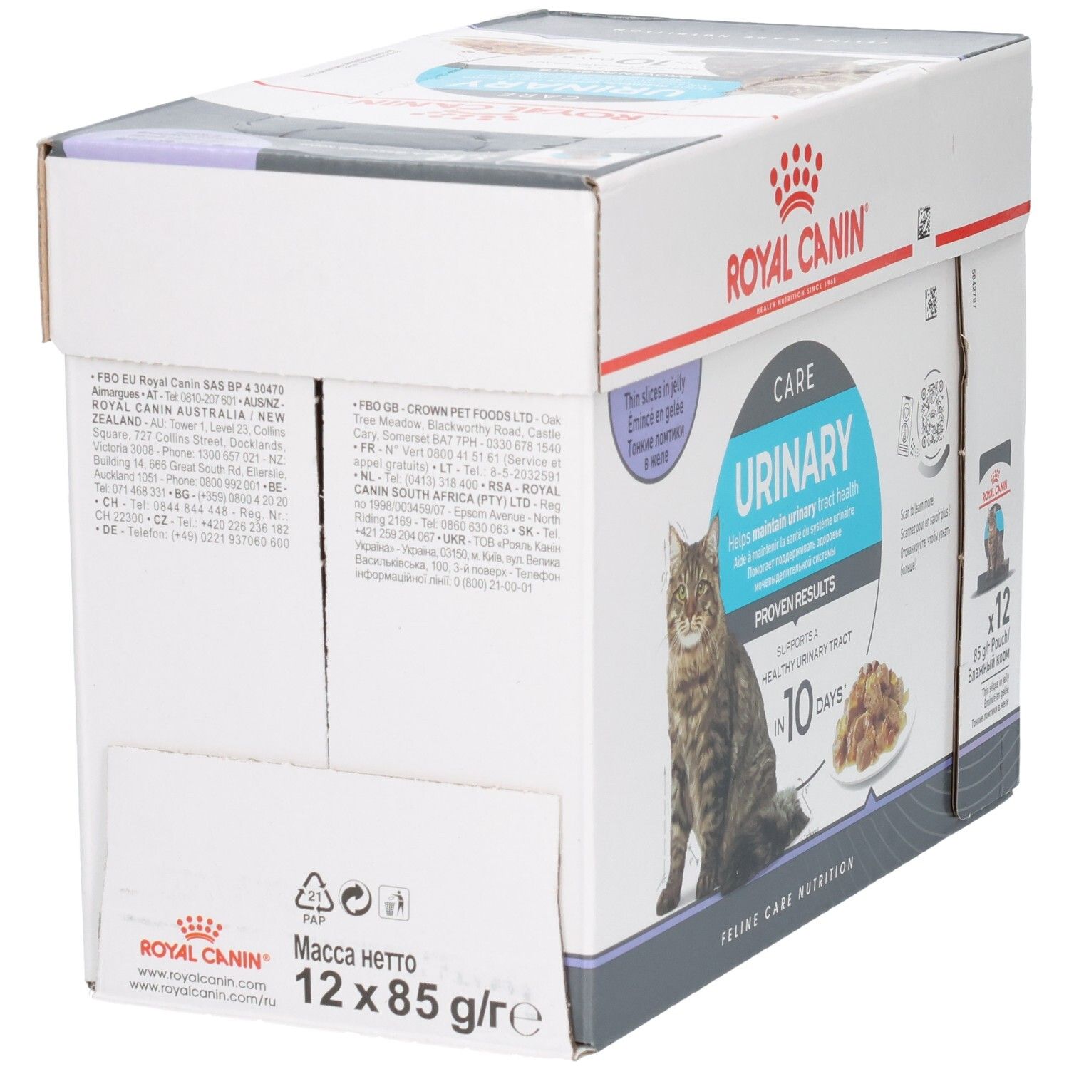 Arrière de la boîte de nourriture Royal Canin Urinary Care pour chats, avec informations détaillées et composition.