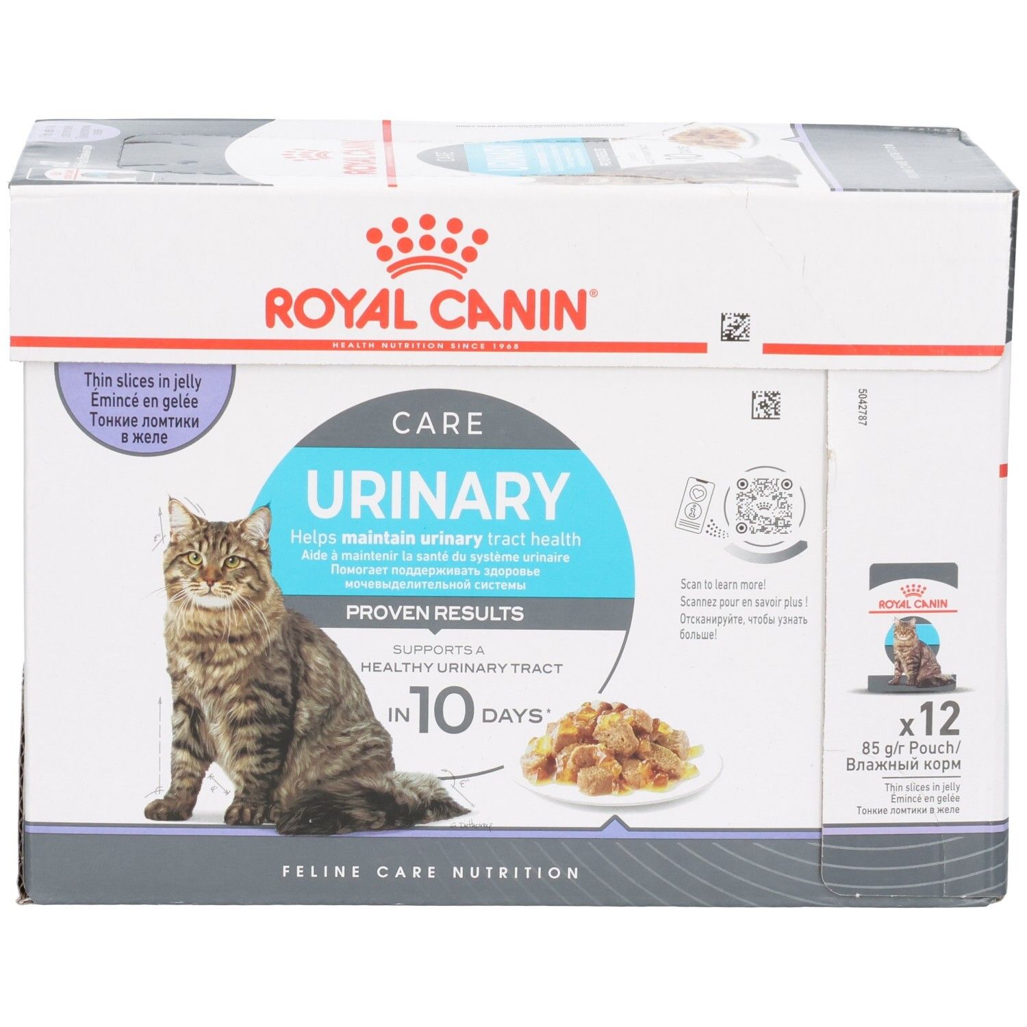 Vue de face de la boîte de nourriture Royal Canin Urinary Care pour chats, montrant 12 sachets de 85g et un chat.