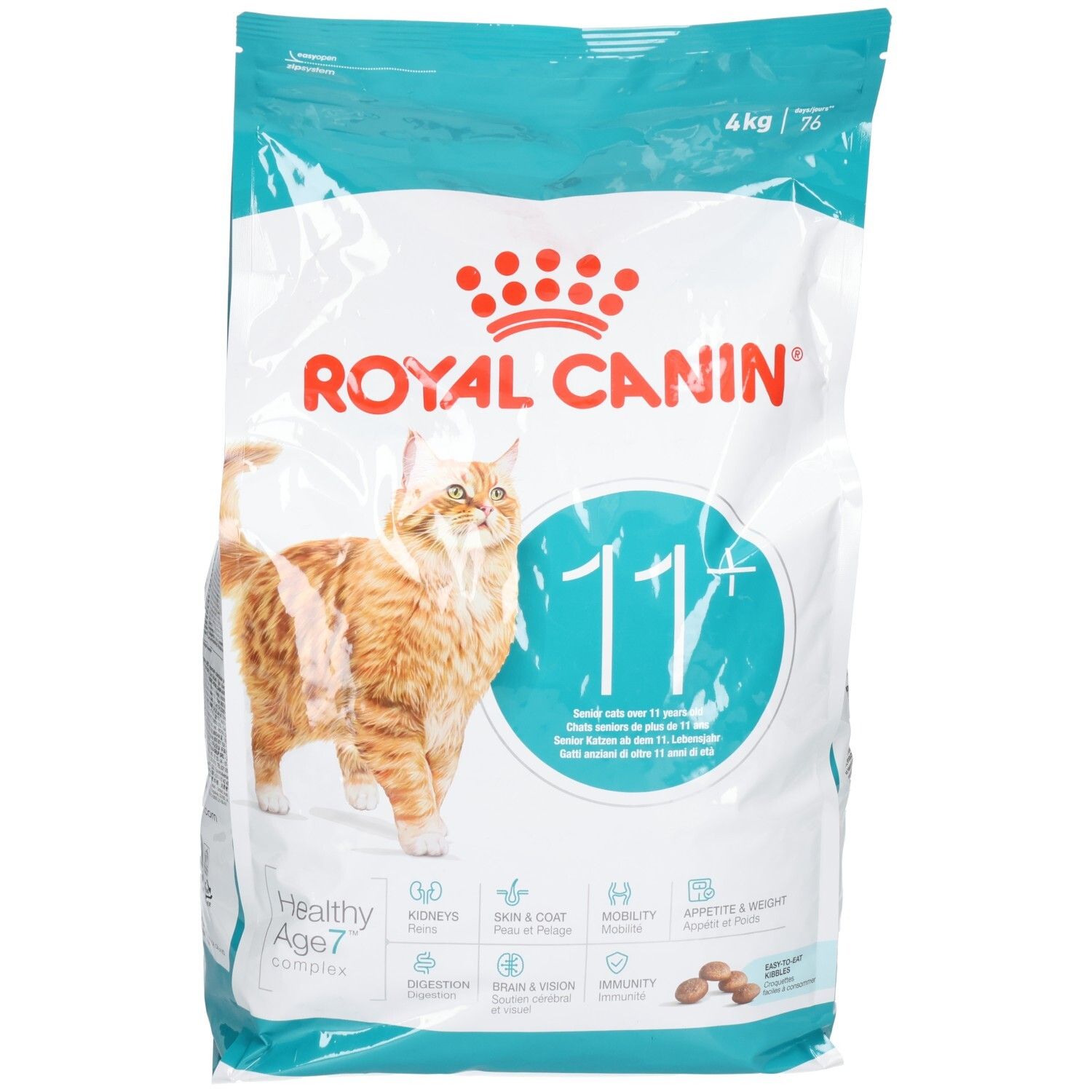 Royal Canin AGEING 11+ kattenvoer, 4kg zak met kat en productinformatie.