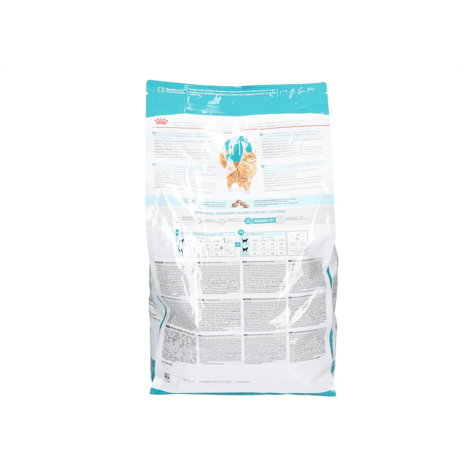Achterkant van de Royal Canin AGEING 11+ kattenvoerzak, 4kg, met gedetailleerde informatie.
