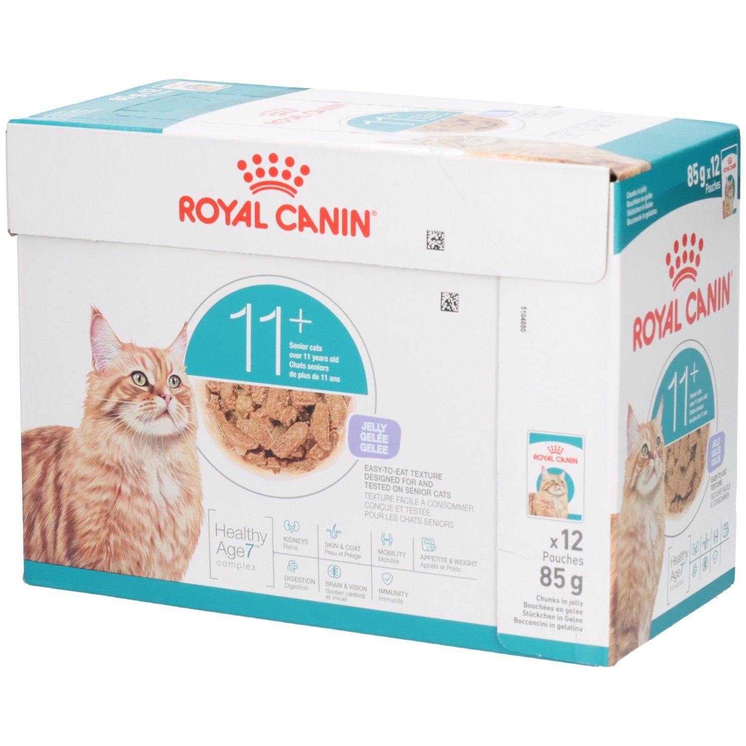 Royal Canin 11+ nourriture pour chat en gelée, boîte de 12x85g avec image de chat.