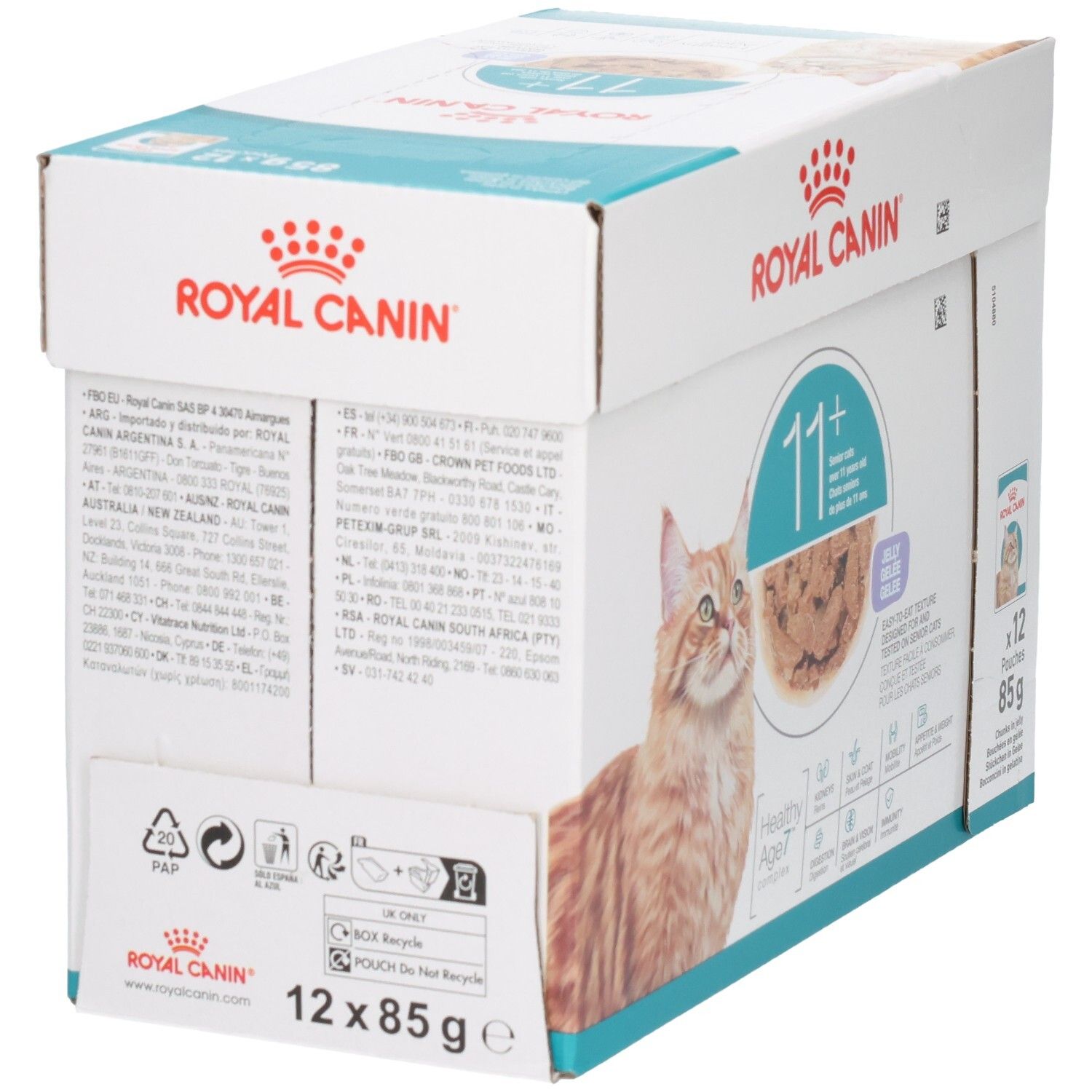 Arrière de la boîte Royal Canin 11+ nourriture pour chat, avec informations détaillées et symboles de recyclage.