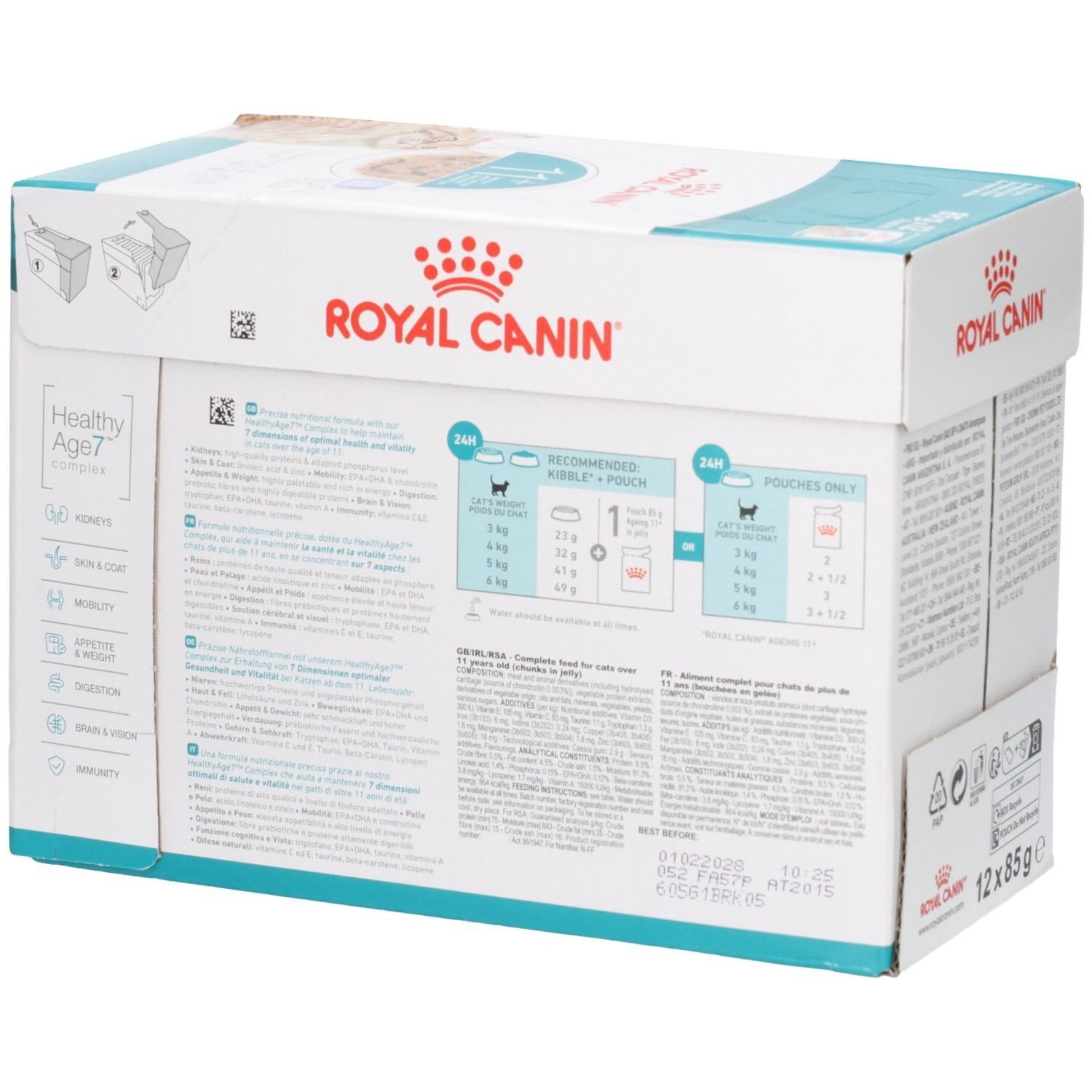 Vue latérale de la boîte Royal Canin 11+ nourriture pour chat, avec recommandations alimentaires et caractéristiques du produit.