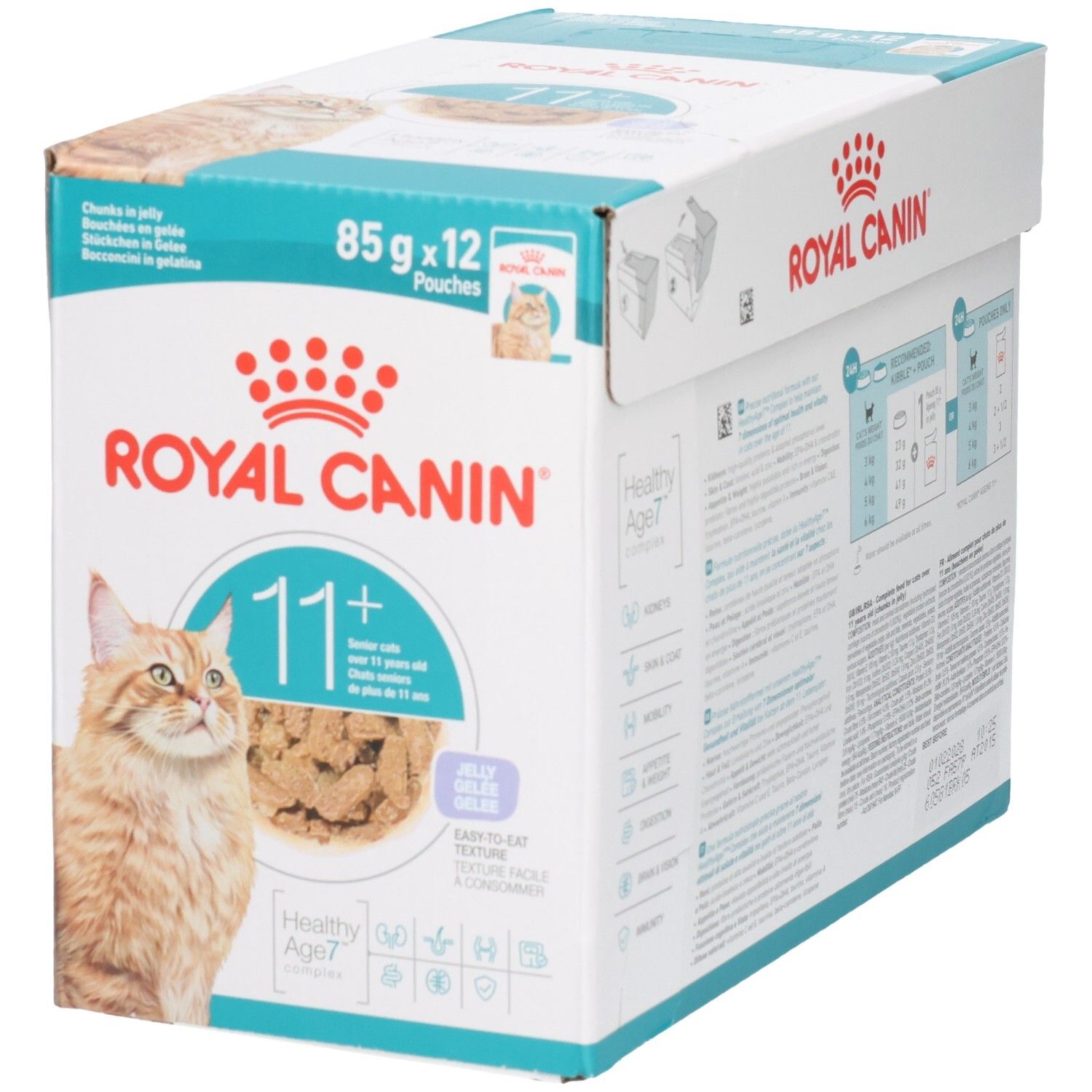 Avant de la boîte Royal Canin 11+ nourriture pour chat, 12x85g, avec image d'une gamelle et d'un chat.