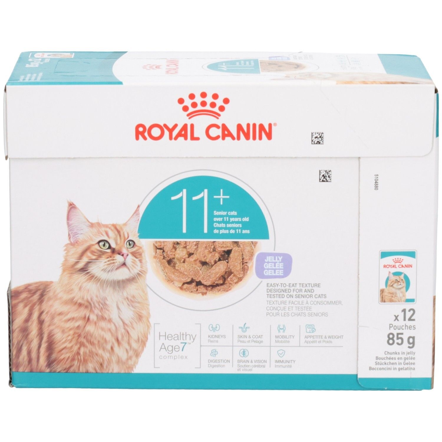 Royal Canin 11+ nourriture pour chat en gelée, boîte de 12x85g, focus sur l'image du produit et la marque.