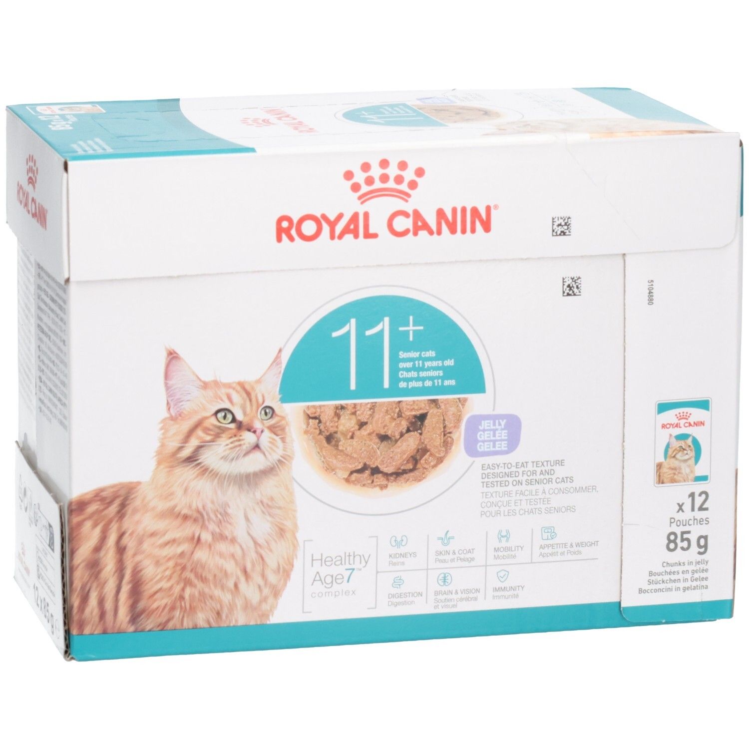 Royal Canin 11+ nourriture pour chat, boîte de 12x85g, avec chat et gamelle, pour chats seniors.
