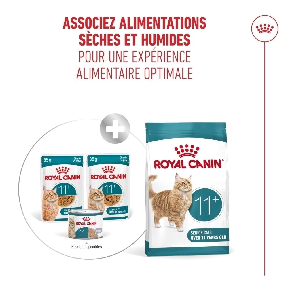 Royal Canin 11+ : Alimentation adaptée à l'âge du chat, 11+ et 15+.