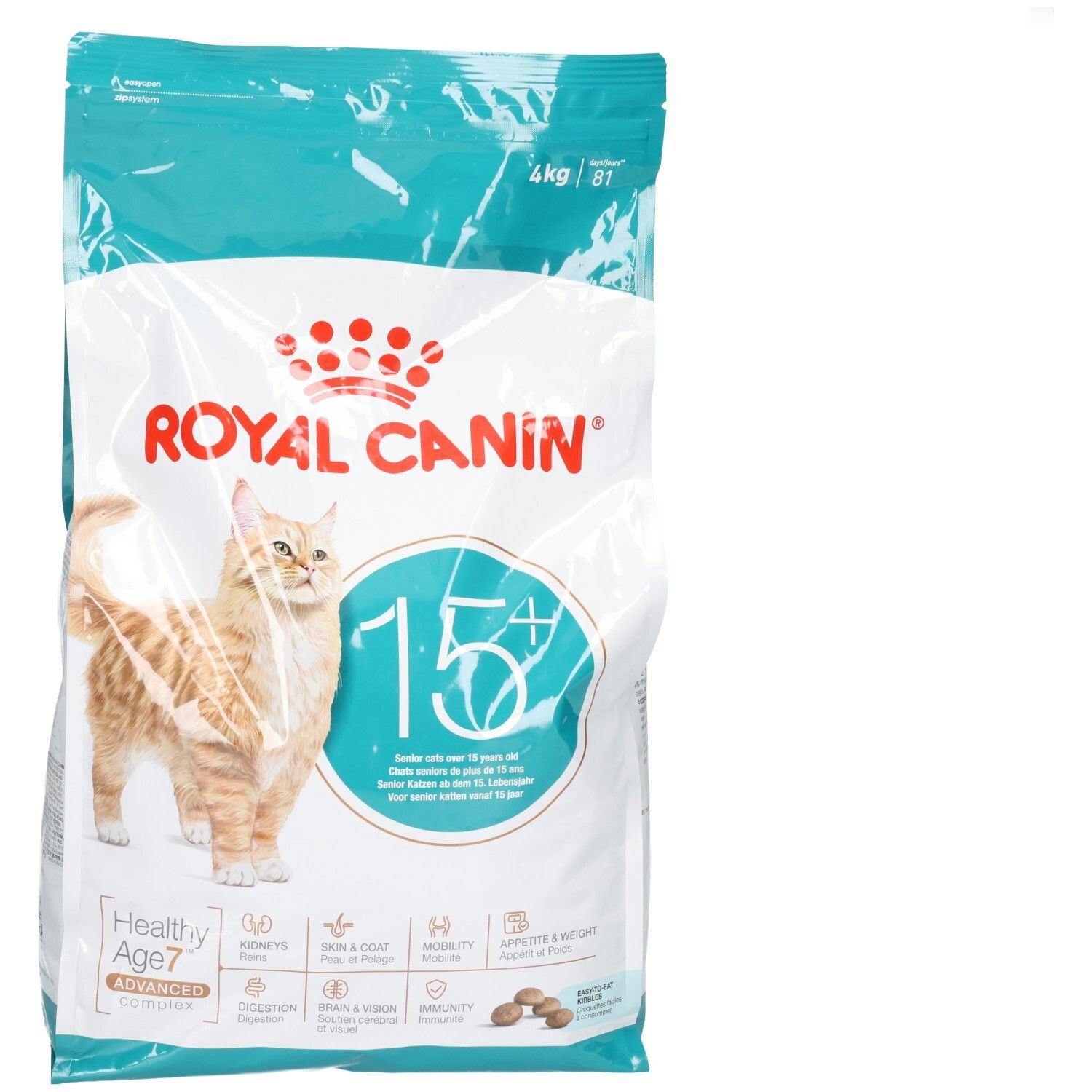 Royal Canin AGEING 15+ kattenvoer, 4kg zak met kattenafbeelding en productinformatie.
