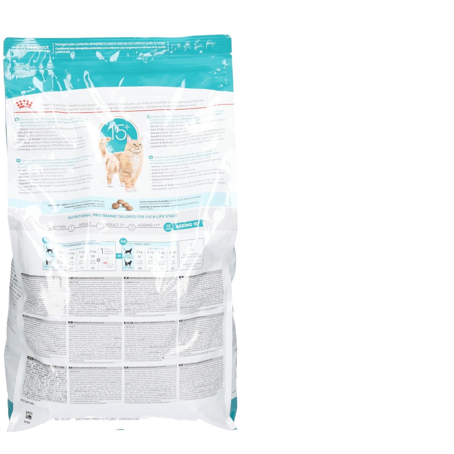 Achterkant van de Royal Canin AGEING 15+ kattenvoerzak (4kg) met voedingsdetails en instructies.