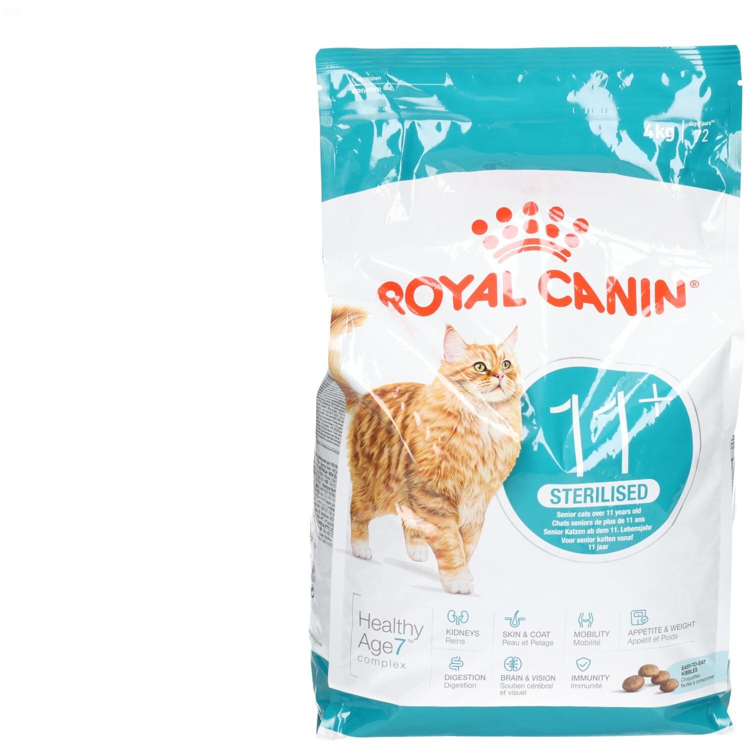 Royal Canin FHN AGEING STERILISED 11+ 4kg voerzak met kat en productinformatie.