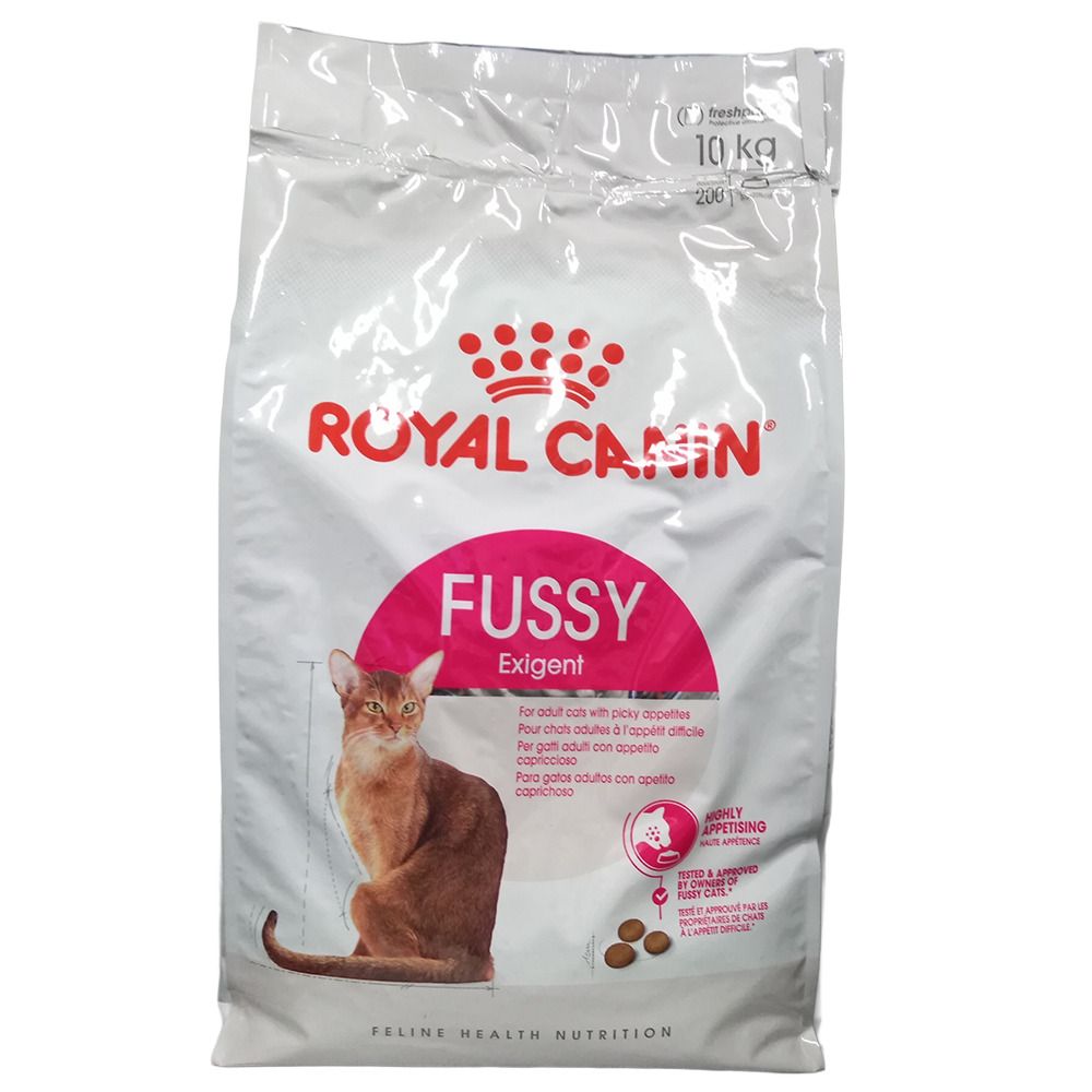Sac de croquettes Royal Canin FUSSY EXIGENT 10kg avec image de chat et croquettes.