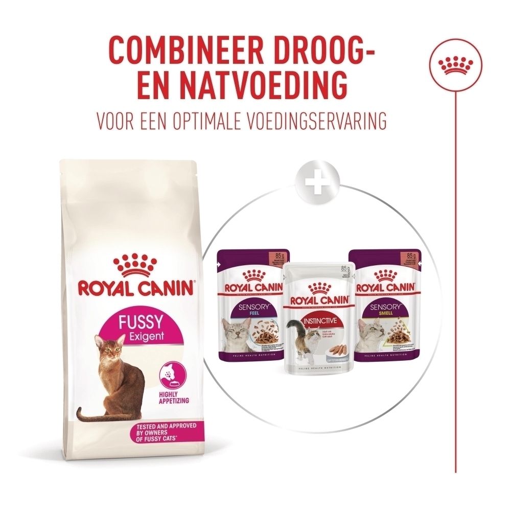 Royal Canin Fussy Exigent kattenvoer droog en drie zakjes natvoer.