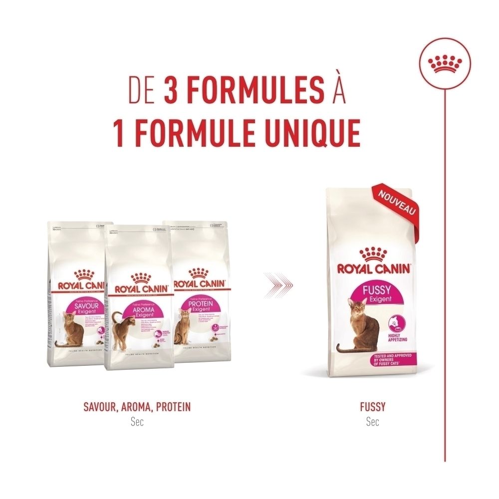 Trois sacs de nourriture pour chat Royal Canin à gauche, un sac de nourriture pour chat Royal Canin Fussy à droite.